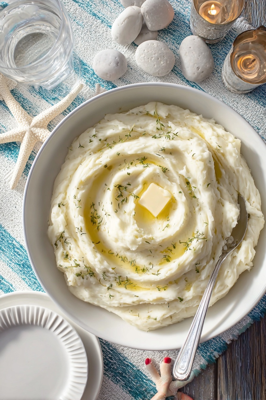 A large white bowl is filled with smooth, creamy mashed potatoes with visible swirls and soft peaks, topped with a small square of melted butter in the center and sprinkled with small green herb leaves. A silver spoon is partially submerged in the mash, with its handle resting on the edge of the bowl. The bowl sits on a dark wooden surface next to a white marbled textured tablecloth with blue stripes. Around it, there are white plates with ridged edges, a clear glass of water, and rustic decorative items including white starfish, smooth grey stones, and candles in small metallic holders. A woman's foot with red-painted toenails is visible below the table. Photo taken with an iphone --ar 2:3 --v 7 - Creamy Mashed Potatoes, creamy mashed potatoes, fluffy mashed potatoes, easy mashed potato side dish, buttery mashed potatoes