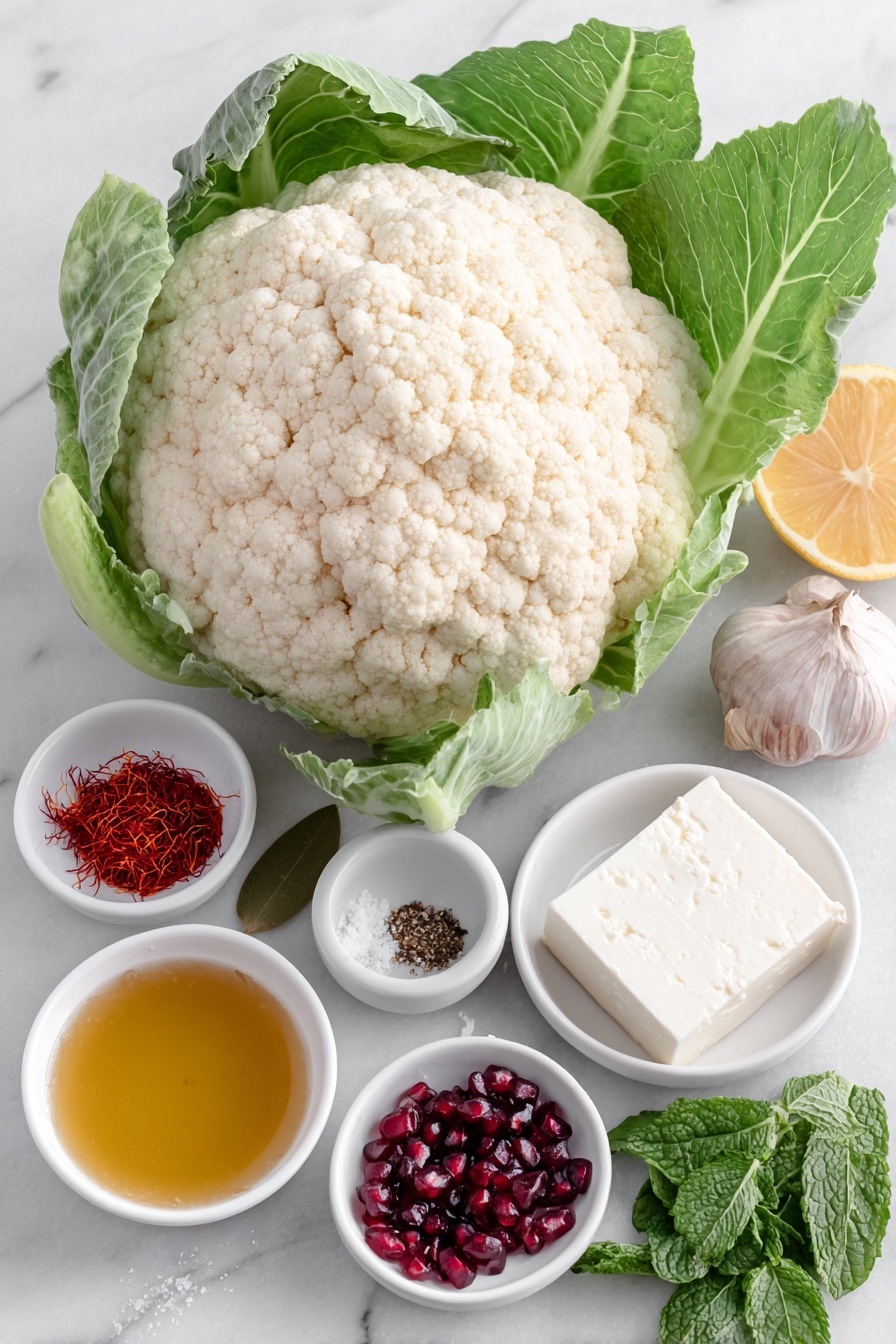 Flat lay of a large fresh whole cauliflower with green leaves, a small heap of vivid red saffron threads, coarse Kosher salt crystals, a bright yellow pinch of turmeric powder, two fresh dried bay leaves, one roughly chopped garlic clove, a small white ceramic bowl of extra virgin olive oil with a golden hue, a solid block of creamy white feta cheese, a small white ceramic bowl of thick Greek yogurt, one whole uncracked garlic bulb, one fresh whole lemon with bright yellow skin and a small pile of lemon zest, a small white ceramic bowl with freshly squeezed lemon juice, a small white ceramic bowl of freshly ground black pepper, a small white ceramic bowl of glossy pomegranate molasses, a small white ceramic bowl of amber maple syrup, a scattering of glossy ruby red pomegranate seeds, and a small pile of vibrant green chopped fresh mint leaves, all placed on a clean white marble surface, soft natural light, photo taken with an iPhone, professional food photography style, fresh ingredients, white ceramic bowls, no bottles, no duplicates, no utensils, no packaging --ar 2:3 --v 7 --p m7354615311229779997 - Whole Roasted Cauliflower with Feta and Pomegranate, roasted cauliflower recipes, festive vegetable main dish, healthy roasted cauliflower ideas, Mediterranean cauliflower dish