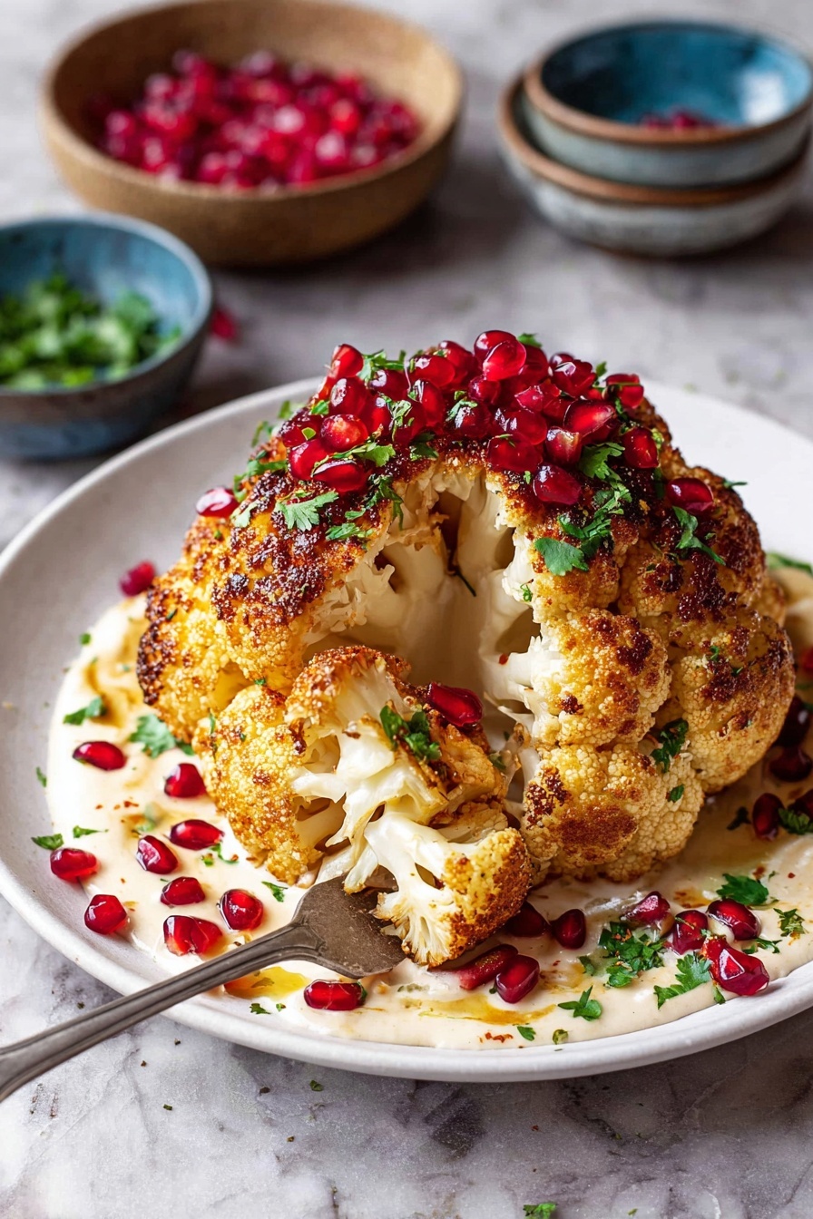 A whole roasted cauliflower with a golden brown, slightly crispy surface sits on a white plate. The cauliflower is topped with bright red pomegranate seeds and small green herb leaves scattered around. It rests on a creamy white sauce that spreads out under it on the plate, also sprinkled with pomegranate seeds and green herbs. A silver fork pierces a piece of cauliflower at the front of the plate. The background shows small bowls of pomegranate seeds and green herbs, all placed on a white marbled surface. photo taken with an iphone --ar 2:3 --v 7 - Whole Roasted Cauliflower with Feta and Pomegranate, roasted cauliflower recipes, festive vegetable main dish, healthy roasted cauliflower ideas, Mediterranean cauliflower dish
