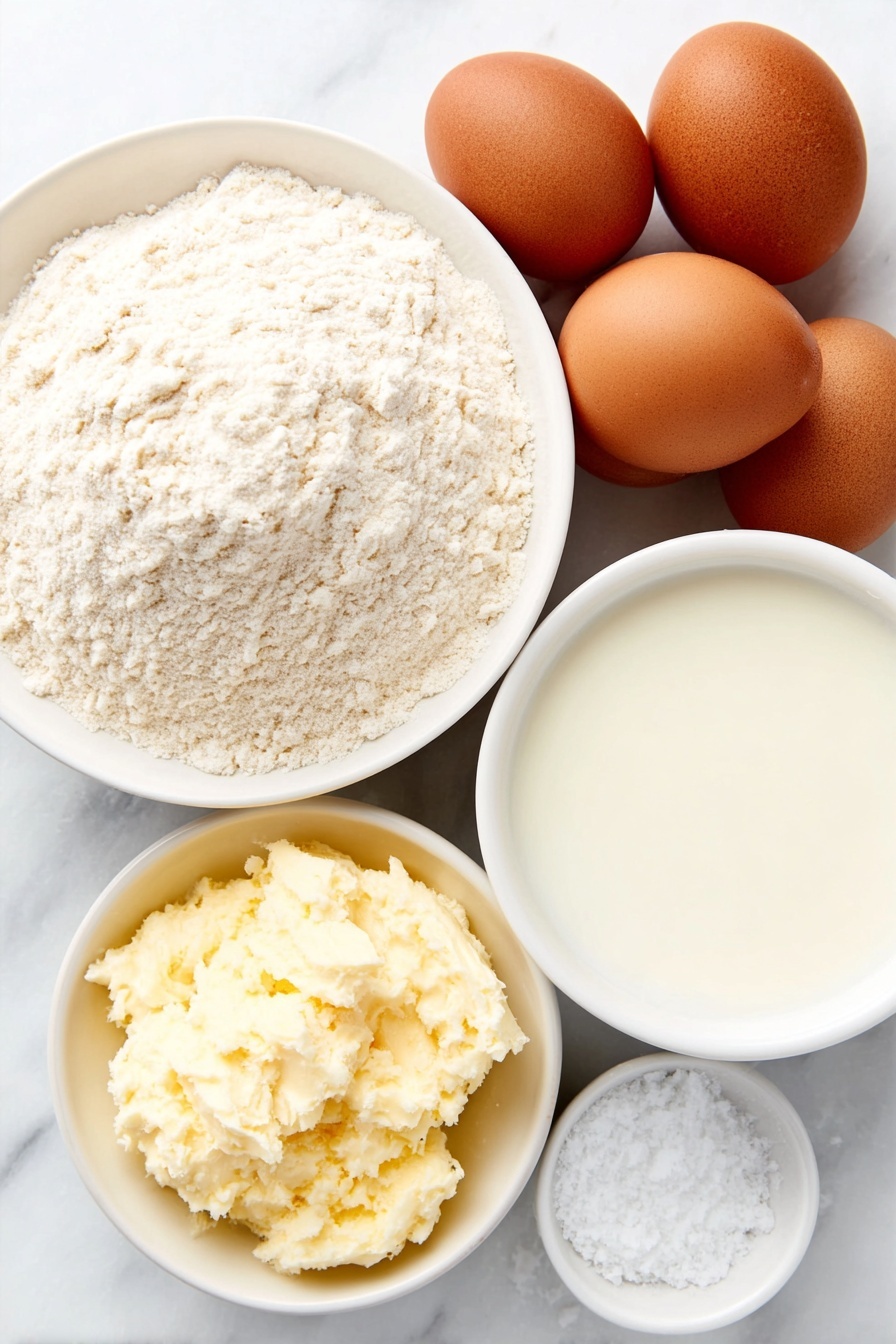 Flat lay of four large uncracked brown eggs, a small mound of fine all-purpose flour on a simple white ceramic plate, a small white bowl filled with whole milk, a few grains of coarse salt scattered beside a small white ceramic bowl with golden beef tallow, all arranged symmetrically and balanced, placed on a clean white marble surface, soft natural light, photo taken with an iPhone, professional food photography style, fresh ingredients, white ceramic bowls, no bottles, no duplicates, no utensils, no packaging --ar 2:3 --v 7 --p m7354615311229779997 - Perfect Yorkshire Pudding, Yorkshire Pudding, British Yorkshire Pudding, crispy Yorkshire Pudding, homemade Yorkshire Pudding