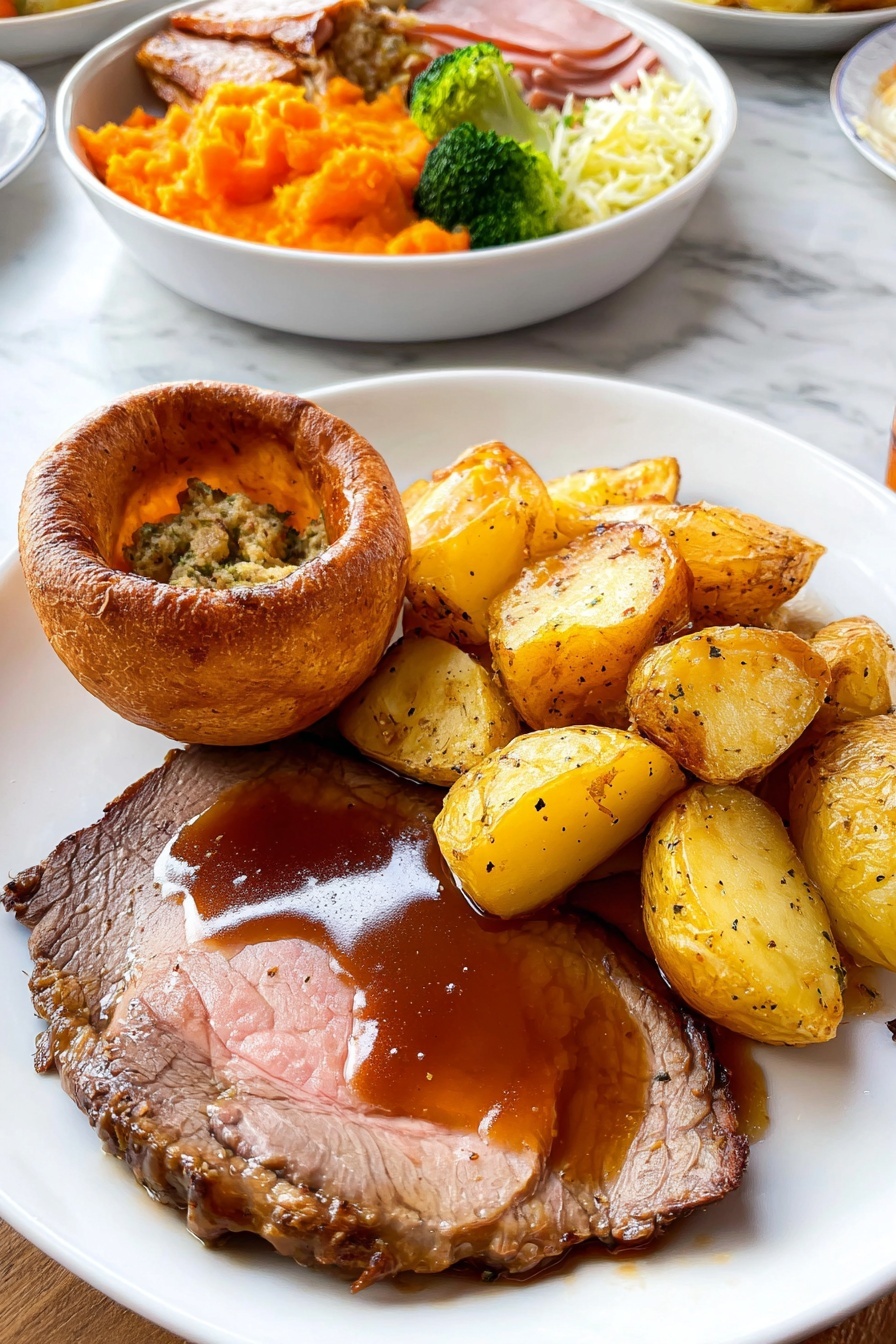 A white plate holds a meal with four main parts: at the bottom right is one large slice of roast beef covered in smooth brown gravy with a shiny surface, showing a tender texture with darker edges. Above the beef are five golden brown roasted potatoes, crispy on the outside with some black pepper. On the left side of the plate is a round Yorkshire pudding with a slightly puffy, light brown crust, inside which sits a textured stuffing ball made of mixed herbs and bits of meat. The plate sits on a white marbled surface. In the background, there is a white bowl filled with bright orange mashed carrots or squash, light green broccoli florets, roasted potatoes, shredded pink ham, and white coleslaw, all on a white marbled surface. photo taken with an iphone --ar 2:3 --v 7 - Perfect Yorkshire Pudding, Yorkshire Pudding, British Yorkshire Pudding, crispy Yorkshire Pudding, homemade Yorkshire Pudding