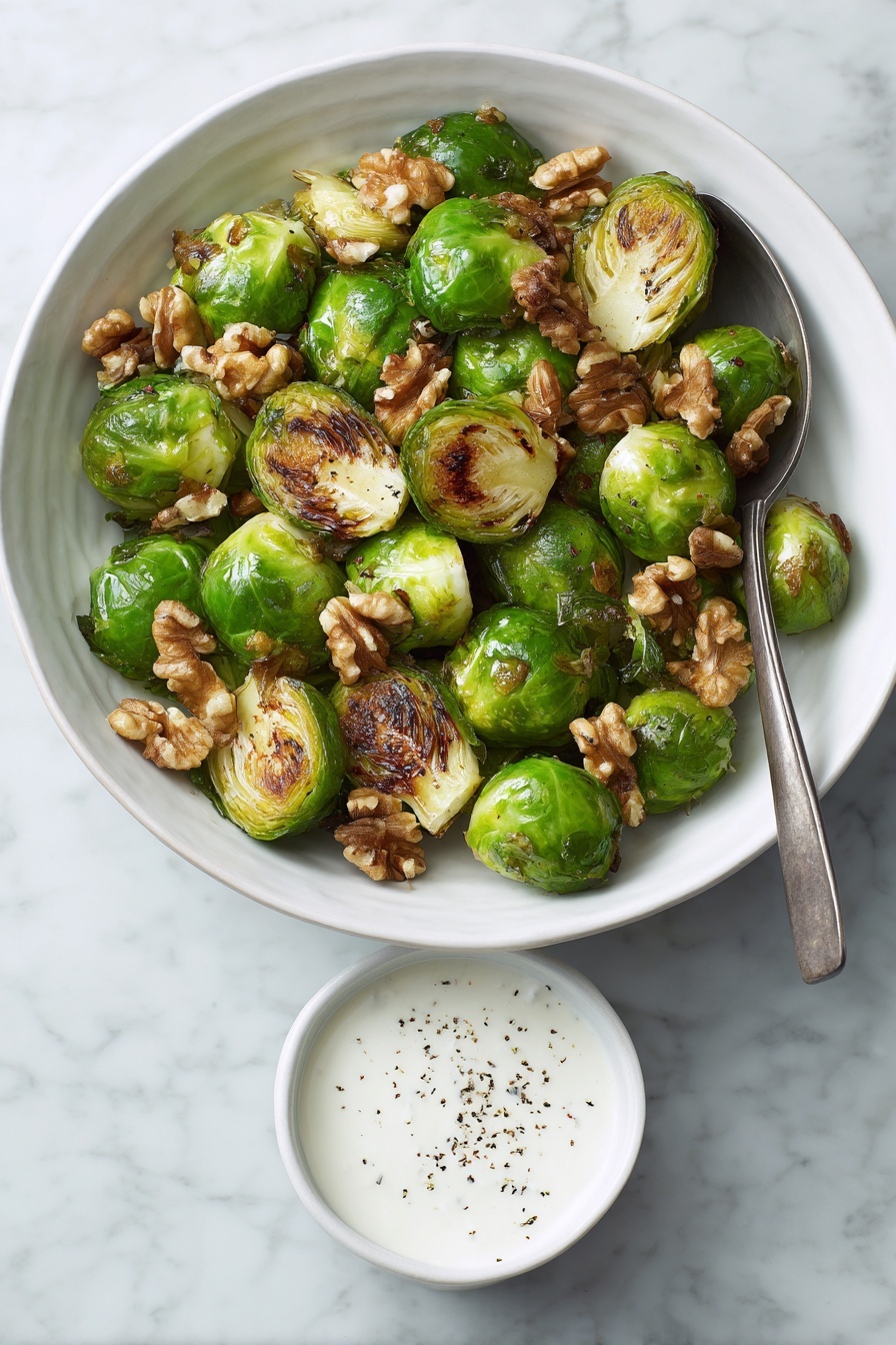 A white dish filled with roasted green Brussels sprouts that have browned, crispy edges. On top, there are many light brown walnut pieces scattered evenly, adding texture and color contrast. To the side, on the white marbled surface, there is a small white bowl containing white creamy sauce with black pepper sprinkled on top. A silver spoon rests in the dish among the Brussels sprouts, slightly visible. The photo taken with an iphone --ar 2:3 --v 7 - Roasted Brussels Sprouts with Walnuts and Pomegranate, Brussels Sprouts with Walnuts and Pomegranate, roasted Brussels sprouts side dish, healthy Brussels sprouts recipe, festive Brussels sprouts with pomegranate