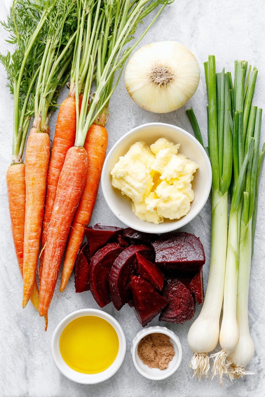Flat lay of fresh whole carrots with leafy green tops, medium deep red beets cut into wedges showing vibrant purple-red flesh, a large red onion quartered revealing its crisp layers, two cloves of fresh garlic with papery skins intact, a small white ceramic bowl of golden olive oil, a small white bowl of creamy pale yellow butter chunks, a small white bowl containing smooth brown miso paste, a small white bowl with clear amber mirin, a small white bowl holding amber maple syrup, a small white bowl with fine ground cinnamon powder, a few green scallion stalks with white bulbs and long green tops sliced in half lengthwise, all arranged in perfect symmetry on a clean white marble surface, soft natural light, photo taken with an iPhone, professional food photography style, fresh ingredients, white ceramic bowls, no bottles, no duplicates, no utensils, no packaging --ar 2:3 --v 7 --p m7354615311229779997 - Miso Glazed Roasted Root Vegetables, roasted root vegetables with miso, savory root veggie side dish, healthy roasted root vegetables, flavorful vegetable side dish