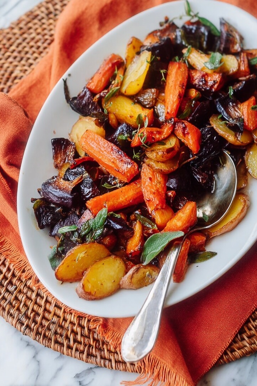 The image shows a white plate filled with roasted vegetable pieces layered in a natural, uneven mix. The bottom layer has dark purple and blackish irregular chunks that look soft with charred edges, placed mostly to the upper left and center. On top and scattered throughout are bright orange carrot pieces, slightly shiny and roasted with some green leafy herbs. There are also golden brown potato slices with crisp edges mixed in, primarily on the lower side of the plate. A silver spoon lies on the right side of the plate, resting partly on the vegetables. The plate sits on a woven mat with an orange cloth partially under it, all placed on a white marbled surface. photo taken with an iphone --ar 2:3 --v 7 - Miso Glazed Roasted Root Vegetables, roasted root vegetables with miso, savory root veggie side dish, healthy roasted root vegetables, flavorful vegetable side dish