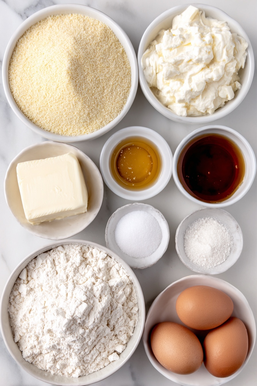 Flat lay of yellow cornmeal in a small mound, a small heap of white all-purpose flour, granulated sugar crystals scattered neatly, a few teaspoons of baking powder powder, a small pile of fine salt, a pat of softened pale yellow butter, a small white bowl of golden honey, a small white bowl with clear light oil, a small white bowl of creamy whole milk, two whole large brown eggs with clean shells placed side by side, arranged symmetrically on simple white ceramic plates and bowls, all placed on a clean white marble surface, soft natural light, photo taken with an iPhone, professional food photography style, fresh ingredients, white ceramic bowls, no bottles, no duplicates, no utensils, no packaging --ar 2:3 --v 7 --p m7354615311229779997 - Moist Cornbread with Honey, Honey Cornbread, Tender Cornbread Recipe, Sweet Cornbread, Buttery Cornbread