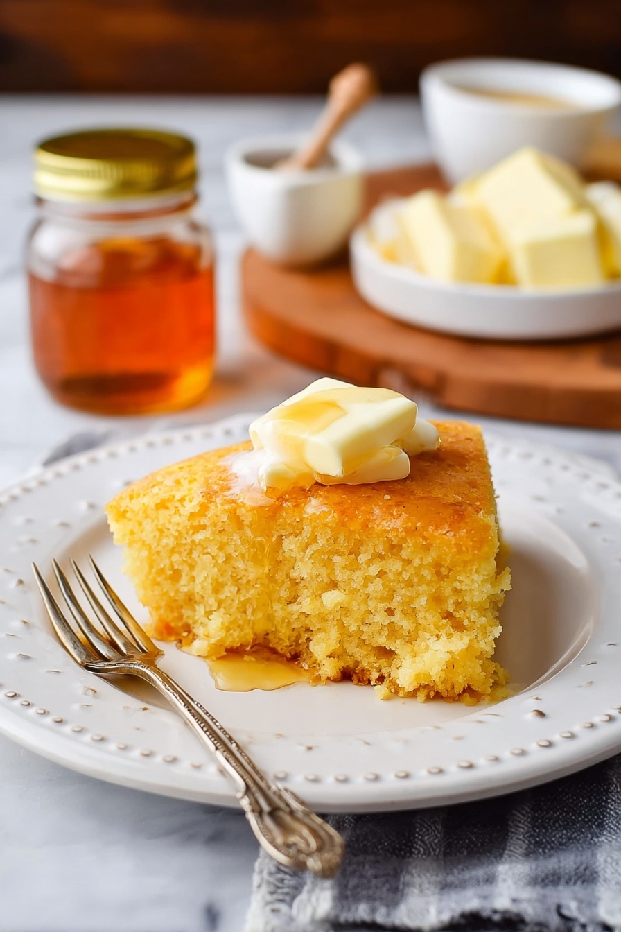 A single piece of golden cornbread sits on a white plate with small raised dots around the edge, showing a soft, crumbly texture with a slightly browned bottom layer. On top of the cornbread, there is a dollop of pale yellow butter beginning to melt, shining slightly. A silver fork with a detailed handle lies on the left side of the plate. In the background, there is a small glass jar filled with amber honey with a gold lid, a small white bowl of honey, and a wooden board with a block of light yellow butter cut into smaller pieces, all set on a white marbled surface. Photo taken with an iphone --ar 2:3 --v 7 - Moist Cornbread with Honey, Honey Cornbread, Tender Cornbread Recipe, Sweet Cornbread, Buttery Cornbread