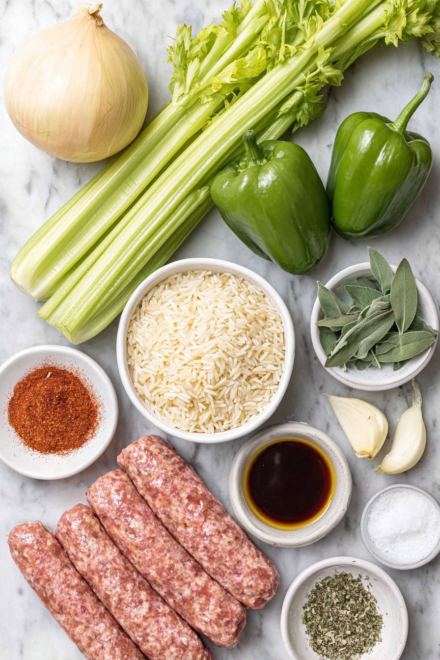 Flat lay of raw basmati rice in a small white bowl, three fresh green bell peppers whole and vibrant, three stalks of celery with fresh leaves, one large unpeeled onion with smooth skin, three peeled garlic cloves, a small white bowl filled with chopped fresh sage, chunks of uncooked vegan sausage with a meaty texture, a small white bowl of deep red smoked paprika powder, a small white bowl with dark amber liquid aminos, a small white bowl of reddish-brown Cajun seasoning, a small white bowl of extra virgin olive oil, a small white bowl filled with coarse salt, and a small cluster of bright green chopped parsley placed on a clean white marble surface, soft natural light, photo taken with an iPhone, professional food photography style, fresh ingredients, white ceramic bowls, no bottles, no duplicates, no utensils, no packaging --ar 2:3 --v 7 --p m7354615311229779997 - Vegan Dirty Rice, plant-based dirty rice, vegan Cajun rice, meat-free dirty rice, vegan spicy rice