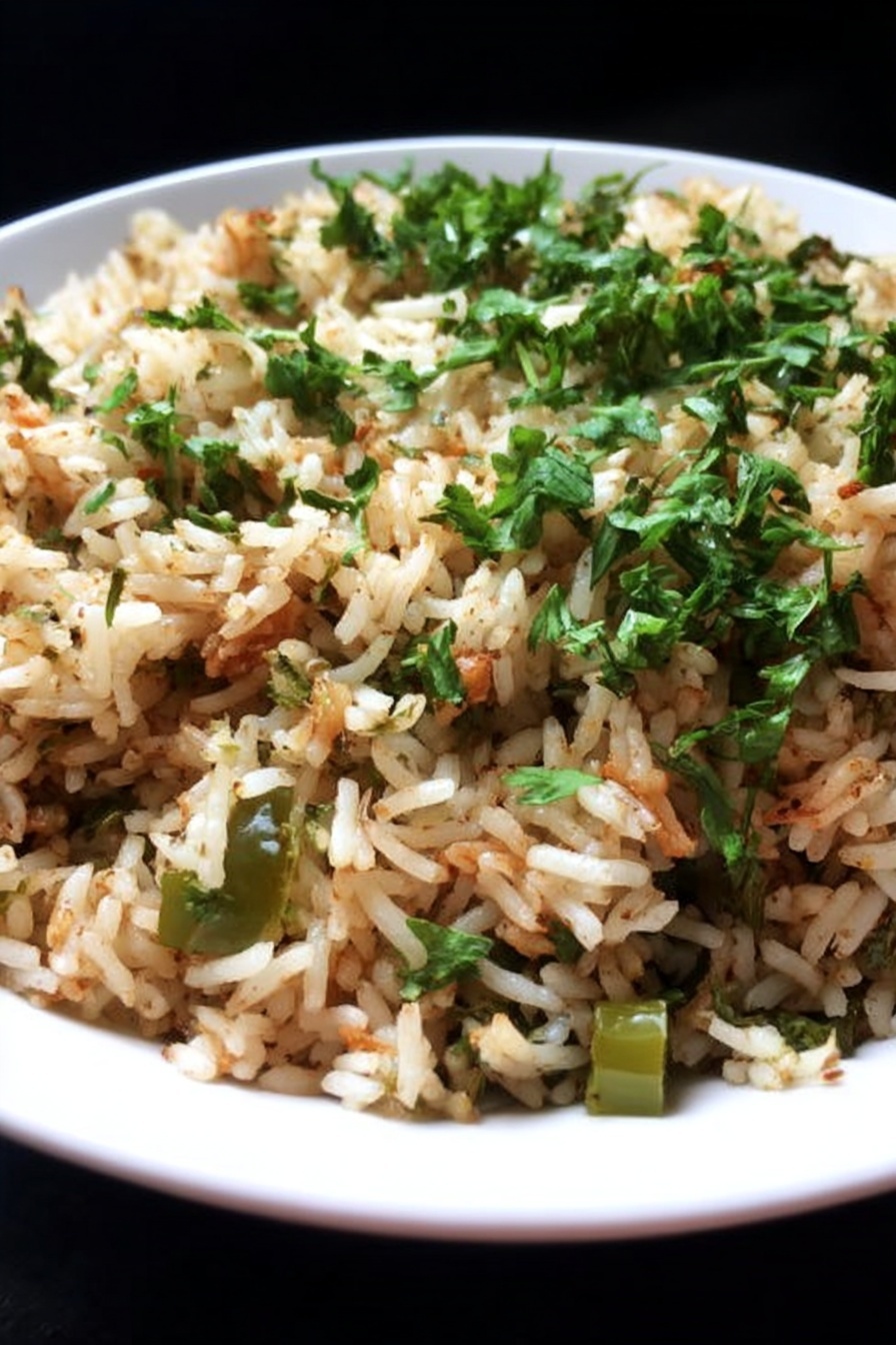 A close-up of a white plate filled with cooked rice mixed with small pieces of green leafy herbs and green vegetable chunks, showing a soft texture and slightly brown color from spices. The rice looks fluffy and mixed evenly with the green herbs on top, giving a fresh look. The background is dark, making the plate and food colors stand out. Photo taken with an iphone --ar 2:3 --v 7 - Vegan Dirty Rice, plant-based dirty rice, vegan Cajun rice, meat-free dirty rice, vegan spicy rice