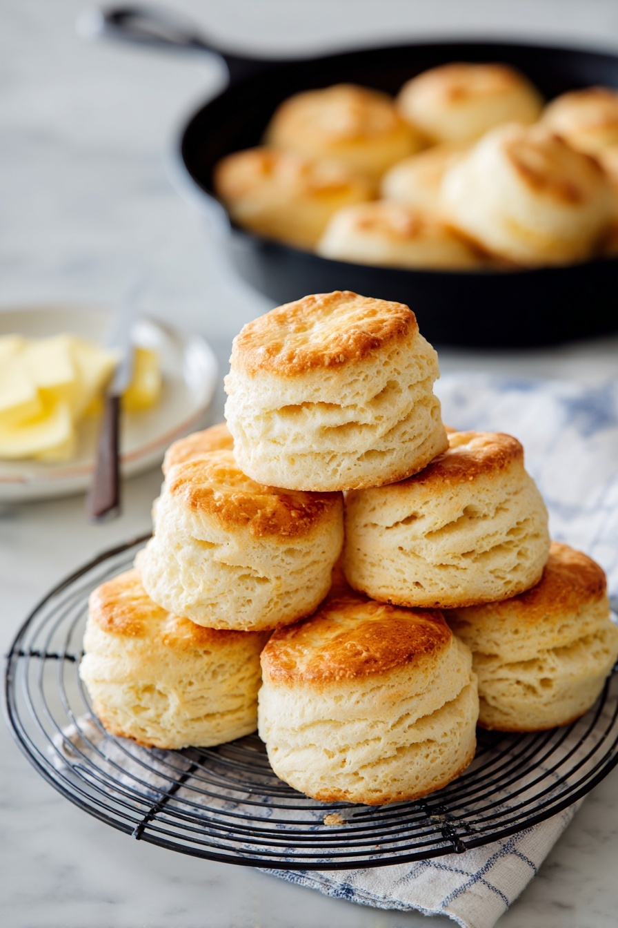 The image shows a stack of nine golden-brown biscuits arranged in two layers on a round metal cooling rack. The biscuits are fluffy with a soft texture and light brown tops, and their sides reveal a tender, crumbly interior. The cooling rack sits on a white marbled surface. In the background, there is a black cast-iron skillet with more biscuits inside, softly out of focus. To the left, a white dish with pale yellow butter and a butter knife rests beside a folded white and blue checkered cloth. photo taken with an iphone --ar 2:3 --v 7 - Fluffy Angel Biscuits, fluffy biscuit recipe, easy homemade biscuits, buttery angel biscuits, tender breakfast biscuits