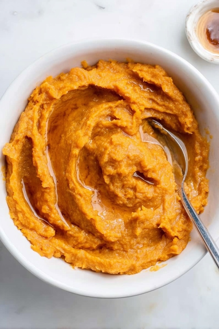 A white bowl filled with smooth sweet potato mash that has a rich orange color and a creamy texture with soft swirls on top. The surface of the mash is glossy, showing a drip of honey or syrup in a few places. A silver spoon is resting inside the bowl on the right side, partially dipped into the mash. The background is a white marbled surface, adding a clean and simple look to the scene. Photo taken with an iphone --ar 2:3 --v 7 - Brown Butter Mashed Sweet Potatoes, sweet potato side dish, cozy holiday side, roasted sweet potato mash, nutty flavored sweet potatoes