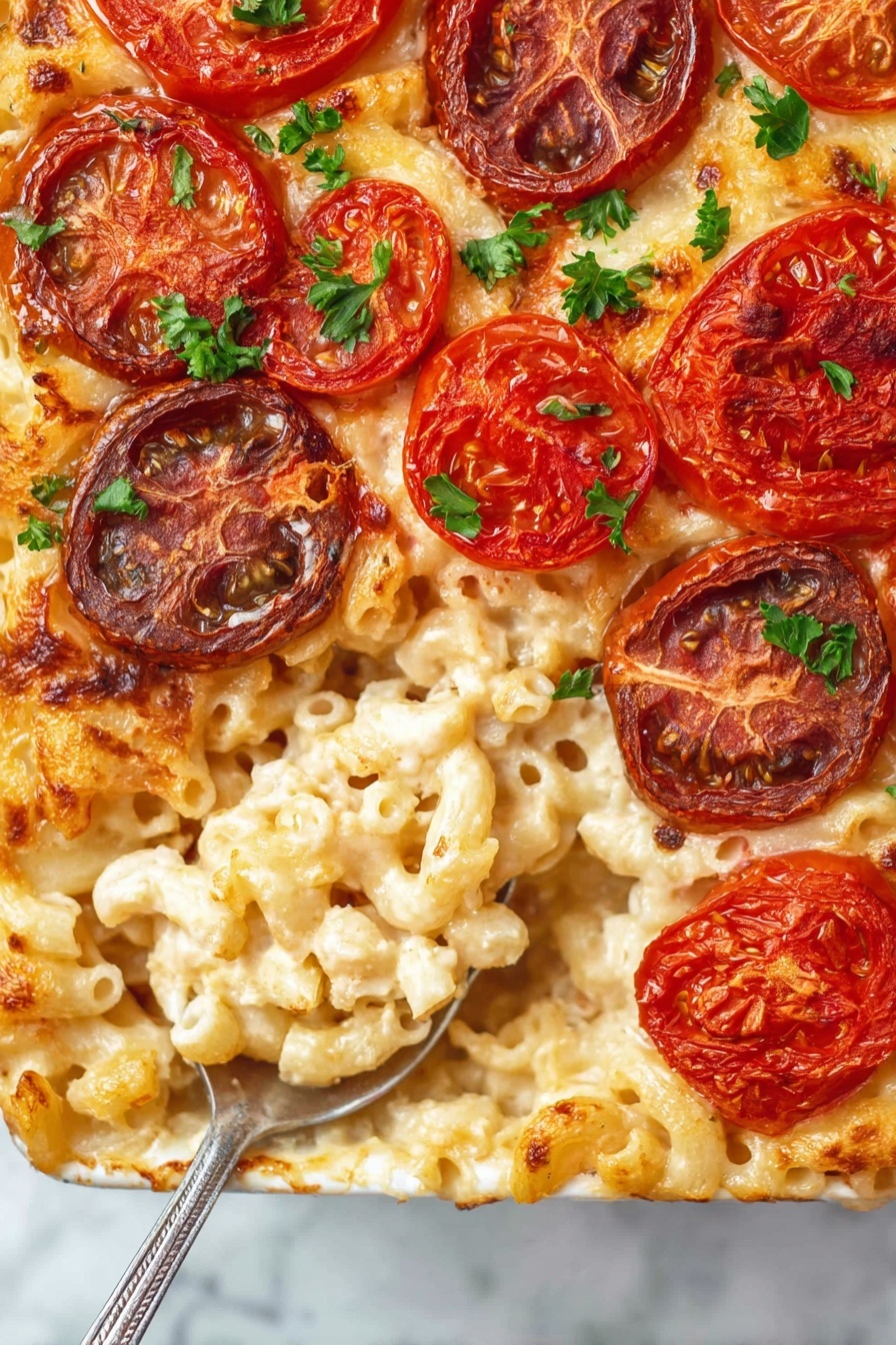 The image shows a baked pasta dish with three main layers. The bottom layer is creamy, whitish macaroni pasta that looks soft and cheesy. On top of that, there is a layer of melted cheese that is bubbly and golden in some spots. The top layer is decorated with thick slices of both red and purple baked tomatoes, which have a slightly wrinkled texture. Small green parsley leaves are scattered on the tomato layer for a fresh look. The dish is placed on a white marbled surface, and a silver spoon holds a scoop of the pasta mix. photo taken with an iphone --ar 2:3 --v 7 - Baked Tomato Mac and Cheese, cheesy baked pasta with tomatoes, easy baked mac and cheese, tomato mac and cheese recipe, comfort food with tomatoes