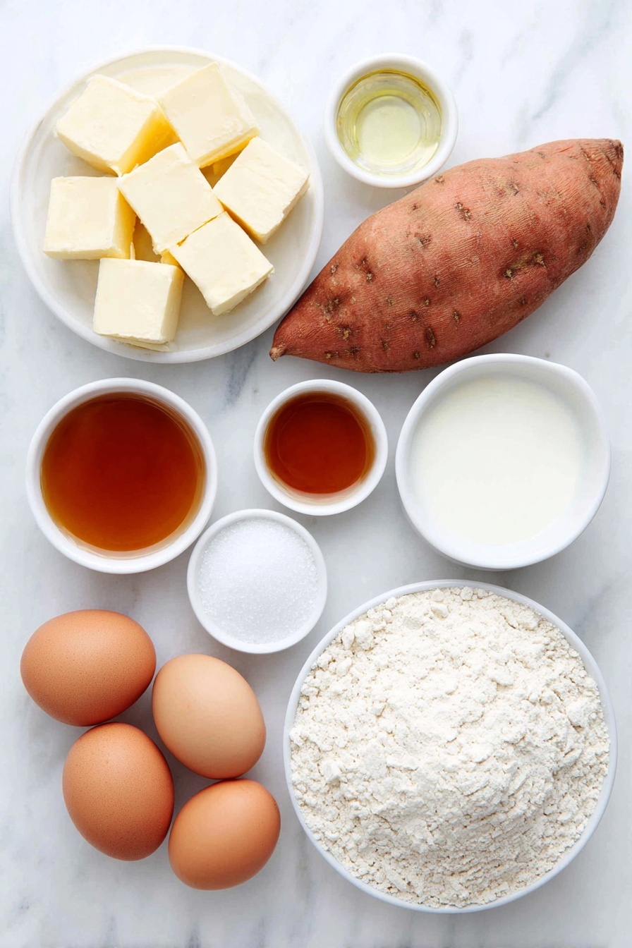 Flat lay of a peeled large sweet potato cut into chunks, a small white ceramic bowl with whole milk, a small white ceramic bowl with warm water, a small white ceramic bowl of granulated sugar, two large whole uncracked eggs with clean shells, a small white ceramic bowl with melted butter, a mound of bread flour on the surface, a small white ceramic bowl of kosher salt, a small white ceramic bowl with cane syrup, and a small white ceramic bowl of flaky sea salt, all arranged with perfect symmetry on a clean white marble surface, soft natural light, photo taken with an iPhone, professional food photography style, fresh ingredients, white ceramic bowls, no bottles, no duplicates, no utensils, no packaging --ar 2:3 --v 7 --p m7354615311229779997 - Sweet Potato Rolls, soft sweet potato rolls, homemade sweet potato rolls, fluffy sweet potato buns, sweet potato bread rolls