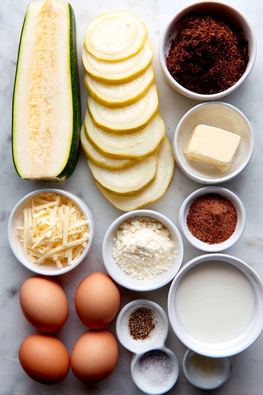 Flat lay of fresh yellow squash sliced into rounds, a medium chopped onion, two large whole brown eggs with clean shells, a small pile of grated sharp cheddar cheese, a small white ceramic bowl of milk, two small white ceramic bowls each with a pat of golden melted butter, a small white ceramic bowl of crushed Ritz crackers, a small white ceramic bowl of kosher salt, a small white ceramic bowl of ground black pepper, and a small white ceramic bowl of cayenne pepper powder, all arranged symmetrically and balanced on a clean white marble surface, soft natural light, photo taken with an iPhone, professional food photography style, fresh ingredients, white ceramic bowls, no bottles, no duplicates, no utensils, no packaging --ar 2:3 --v 7 --p m7354615311229779997 - Cheesy Baked Squash Casserole, baked squash casserole, cheesy squash side dish, easy squash casserole recipe, comfort food squash