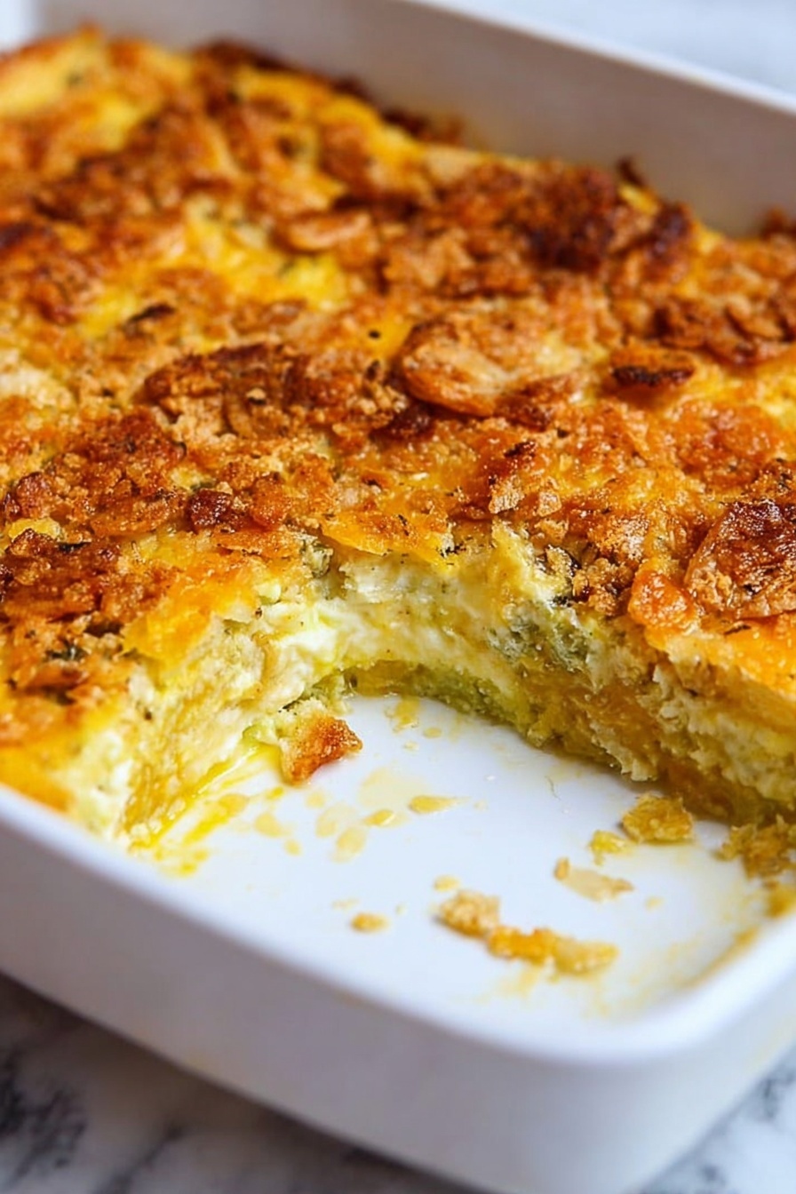A white dish filled with a baked casserole that has three visible layers: the bottom layer is creamy and light yellow, the middle layer has a soft greenish texture, and the top layer is a thick, golden-brown crispy crust with small crunchy pieces. A section of the casserole is missing, showing the inside layers clearly. The dish sits on a white marbled surface. photo taken with an iphone --ar 2:3 --v 7 - Cheesy Baked Squash Casserole, baked squash casserole, cheesy squash side dish, easy squash casserole recipe, comfort food squash