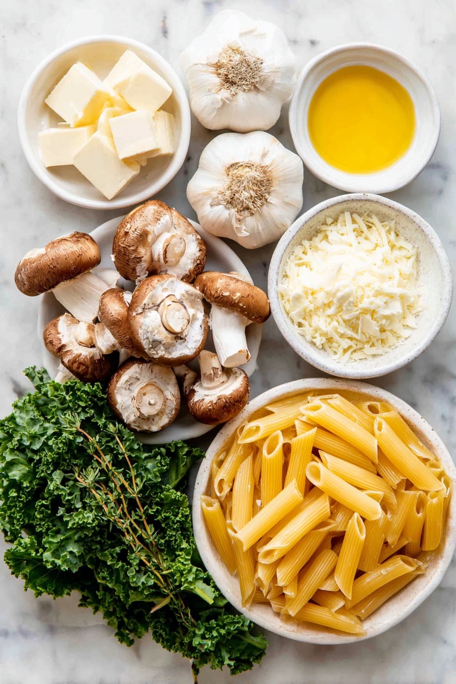 Flat lay of a small pile of chopped medium brown onion, a few sliced chestnut brown mushrooms, a small bunch of fresh curly kale leaves with woody stems removed, three whole uncracked garlic cloves, a handful of fresh thyme sprigs, a small white ceramic bowl filled with golden olive oil, a small white ceramic bowl with pale butter cubes, a small white ceramic bowl of plain white flour, a small white ceramic bowl of creamy semi-skimmed milk, a small white ceramic bowl with smooth Dijon mustard, a small white ceramic bowl of fine sea salt, a small white ceramic bowl of ground black pepper, a small white ceramic bowl of freshly cracked black pepper, a small white ceramic bowl with panko breadcrumbs, a small white ceramic bowl filled with finely grated pale yellow hard Italian pecorino cheese, a small white ceramic bowl with finely chopped fresh parsley leaves, and a neat pile of uncooked yellow penne pasta tubes, all arranged symmetrically with realistic proportions on a clean white marble surface, soft natural light, photo taken with an iPhone, professional food photography style, fresh ingredients, white ceramic bowls, no bottles, no duplicates, no utensils, no packaging --ar 2:3 --v 7 --p m7354615311229779997 - Creamy Mushroom Kale Pasta Bake, mushroom kale pasta bake, creamy pasta with kale and mushrooms, comforting mushroom kale casserole, easy mushroom kale pasta dish