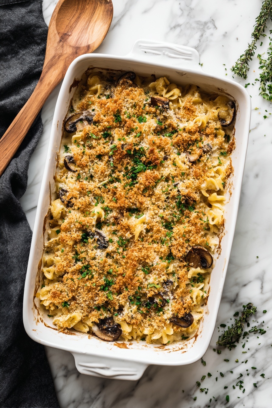The image shows a white bowl filled with a baked pasta dish consisting of three layers. The bottom layer is light beige penne pasta mixed with cooked dark green spinach. The middle layer reveals slices of browned mushrooms that sit on top of the pasta and spinach mix. The top layer is a golden-brown crispy breadcrumb topping, sprinkled unevenly with some light green herbs for garnish. A silver fork rests on the right side of the bowl. In the background, there is a white baking dish containing the same layered pasta, with a wooden spoon partially submerged in it. The scene is set on a white marbled surface, providing a clean and bright contrast to the dish. Photo taken with an iphone --ar 2:3 --v 7 - Creamy Mushroom Kale Pasta Bake, mushroom kale pasta bake, creamy pasta with kale and mushrooms, comforting mushroom kale casserole, easy mushroom kale pasta dish