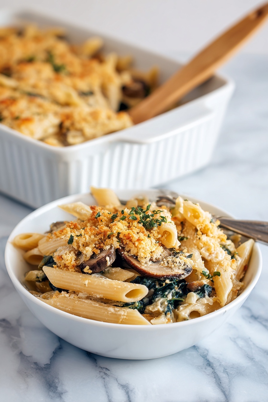 A white bowl on a white marbled surface holds a serving of baked pasta with three main layers: light golden penne pasta with some edges browned, dark green spinach leaves mixed in, and sautéed brown mushrooms scattered throughout. The top layer is sprinkled with pale, crumbly bread crumbs or cheese that give a slight crispy texture. A silver fork rests on the right side inside the bowl. In the top left corner, a white baking dish with more baked pasta is partially visible, showing browned edges and a wooden spoon inside. Small sprigs of fresh thyme lay on the surface near the bowl. Photo taken with an iphone --ar 2:3 --v 7 - Creamy Mushroom Kale Pasta Bake, mushroom kale pasta bake, creamy pasta with kale and mushrooms, comforting mushroom kale casserole, easy mushroom kale pasta dish