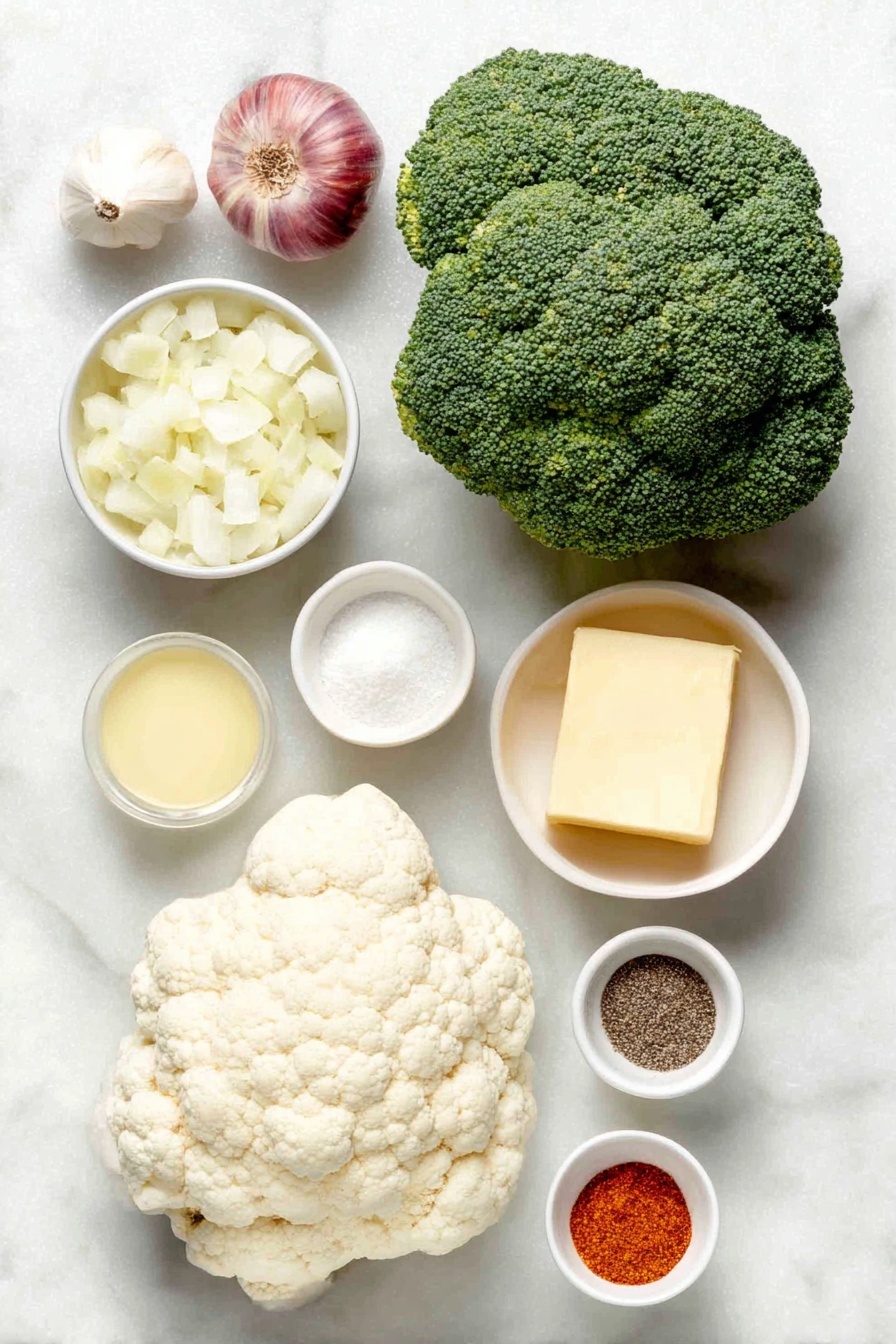 Flat lay of a large head of broccoli with bright green florets, a head of cauliflower with creamy white florets, a few small cubes of pale yellow butter, half a medium onion diced into small white pieces, two whole cloves of garlic unpeeled, a small white ceramic bowl of all-purpose flour, a small white ceramic bowl filled with low-sodium chicken broth, a block of cream cheese at room temperature, a small white ceramic bowl with a pinch of salt, a small white ceramic bowl filled with ground black pepper, a small white ceramic bowl containing seasoned salt, a small white ceramic bowl with paprika powder, a small white ceramic bowl of golden seasoned breadcrumbs, and a small white ceramic bowl heaped with grated Monterey Jack cheese placed on a clean white marble surface, soft natural light, photo taken with an iPhone, professional food photography style, fresh ingredients, white ceramic bowls, no bottles, no duplicates, no utensils, no packaging --ar 2:3 --v 7 --p m7354615311229779997 - Cheesy Broccoli Cauliflower Casserole, cheesy vegetable casserole, easy broccoli cauliflower bake, holiday vegetable side dish, creamy cheesy vegetable dish