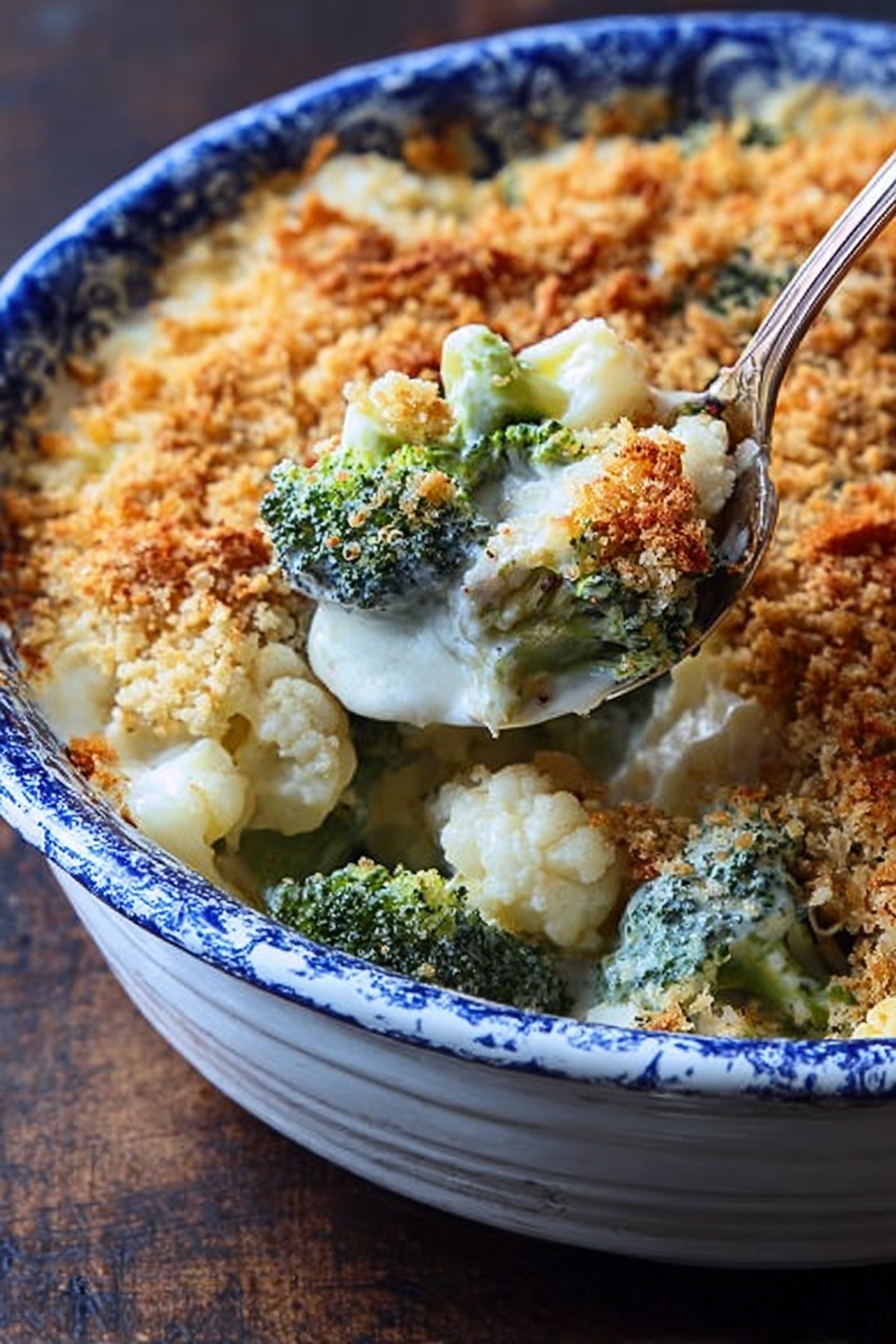 A white bowl with a blue patterned rim holds a creamy vegetable casserole with two main layers; the bottom layer is a mix of bright white cauliflower and green broccoli pieces covered in a white sauce, while the top layer is a golden-brown crispy crumb topping that looks crunchy and textured. A spoon inside the bowl lifts out some broccoli and cauliflower, showing the thick sauce soaking the vegetables. The bowl is placed on a dark wooden surface. photo taken with an iphone --ar 2:3 --v 7 - Cheesy Broccoli Cauliflower Casserole, cheesy vegetable casserole, easy broccoli cauliflower bake, holiday vegetable side dish, creamy cheesy vegetable dish