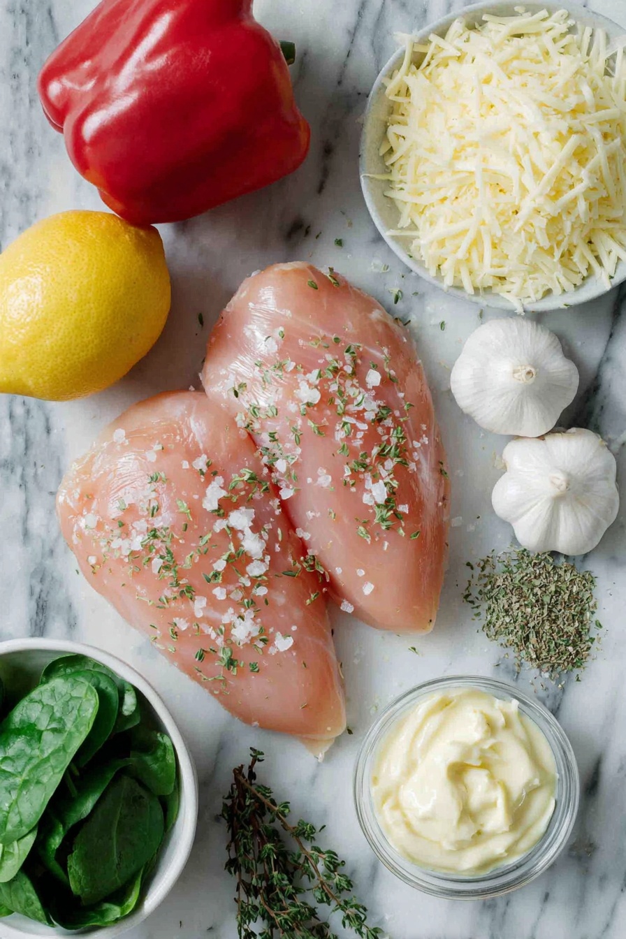 Flat lay of fresh boneless skinless chicken breasts, a whole red bell pepper with glossy skin, half a medium yellow onion with papery peel, drained quartered artichoke hearts, a small pile of lightly packed baby spinach leaves, freshly grated parmesan shavings, a small white ceramic bowl of creamy mayonnaise, four whole garlic cloves with papery skins, a whole bright yellow lemon, a small white ceramic bowl of dried oregano, a small white ceramic bowl of dried thyme, a small white ceramic bowl of kosher salt, and a small white ceramic bowl of freshly ground black pepper, all arranged symmetrically placed on a clean white marble surface, soft natural light, photo taken with an iPhone, professional food photography style, fresh ingredients, white ceramic bowls, no bottles, no duplicates, no utensils, no packaging --ar 2:3 --v 7 --p m7354615311229779997 - Spinach Artichoke Chicken Bake, healthy chicken casserole, easy weeknight dinner, baked chicken with spinach and artichokes, creamy garlic chicken