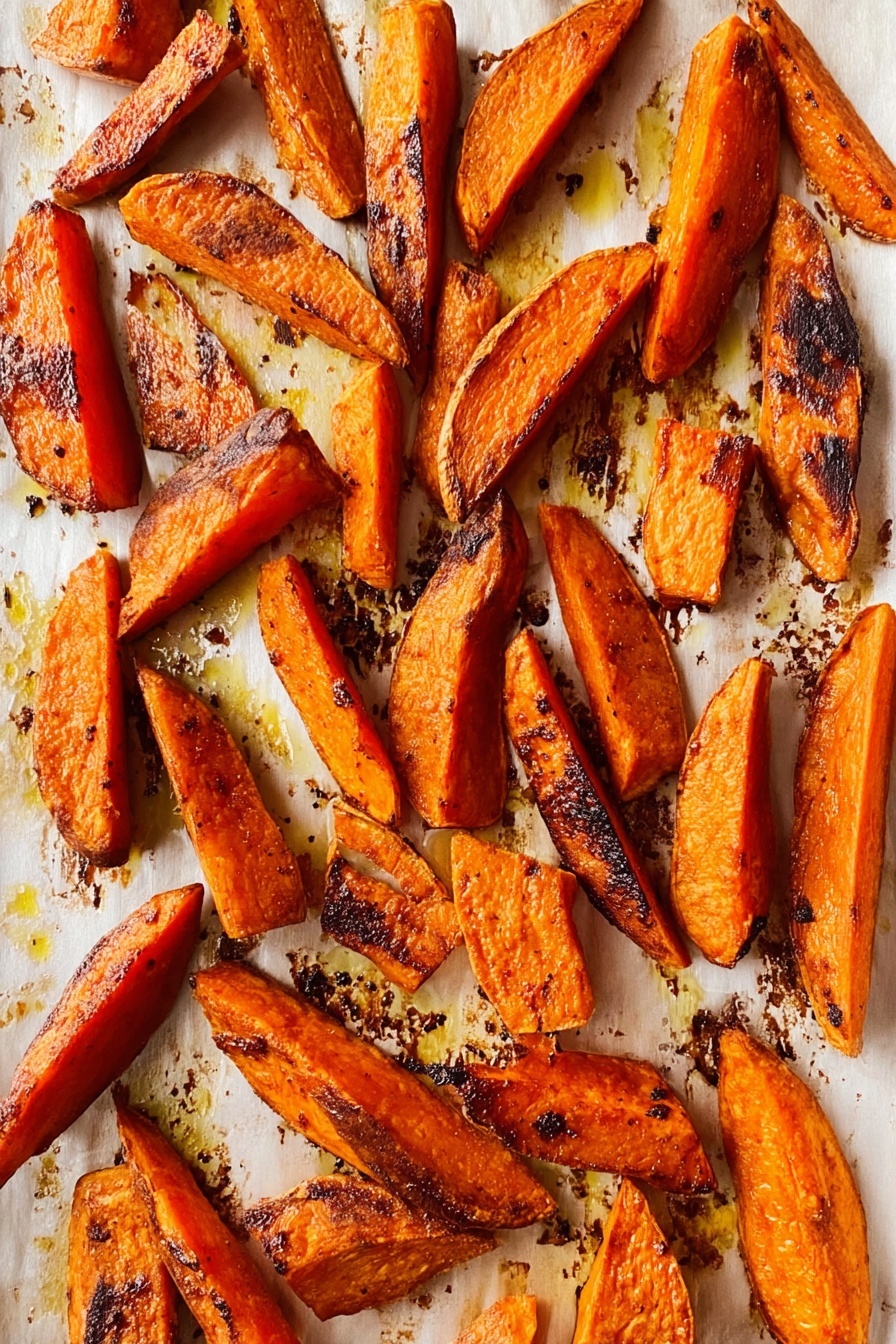 The image shows a white baking sheet covered with many pieces of roasted orange sweet potato wedges. The wedges are uneven in size and shape, with some showing charred and caramelized edges in dark brown and black, giving a crispy texture. The surface of the baking sheet has spots of golden oil and dark burnt marks scattered around, adding to the rustic look. The sweet potatoes have a shiny, slightly oily texture and sit on a white marbled surface background. photo taken with an iphone --ar 2:3 --v 7 - Sweet and Savory Roasted Carrots, roasted carrot side dish, honey glazed carrots, easy vegetable recipes, healthy roasted carrots