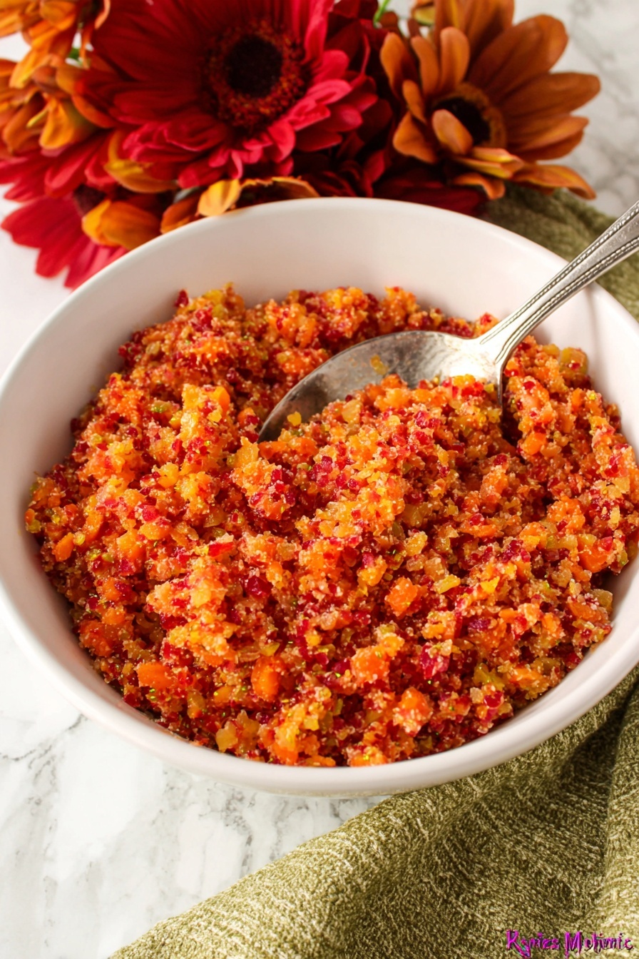 A white bowl filled with a coarse, textured mixture of finely chopped ingredients showing bright red, orange, and light yellow colors mixed together, creating a vibrant, fresh appearance. A silver spoon is placed inside the bowl on the right side, partially inserted into the mixture. In the background, there are red and orange artificial flowers with green and brown stems, and a green and beige cloth under the bowl, all set on a white marbled surface. The image has a close-up view showing details of the mixture's uneven, moist texture and small bits. photo taken with an iphone --ar 2:3 --v 7 - Easy Cranberry Orange Relish, holiday side dish with cranberries and orange, simple festive relish recipe, quick cranberry orange relish, vibrant holiday condiment