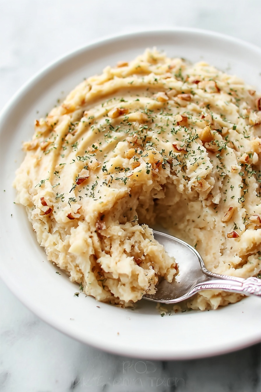 A white plate sits on a white marbled surface, filled with a creamy mashed dish. The mashed layer is light beige and slightly chunky with small bits of nuts or grains mixed in. The top has soft ridges made by a utensil, and it is sprinkled with finely chopped green herbs. A silver spoon scoops a portion from the right side of the plate, showing the moist, dense texture inside. photo taken with an iphone --ar 2:3 --v 7 - Creamy Cabbage Coleslaw, healthy coleslaw side dish, easy cabbage slaw, tangy coleslaw recipe, homemade creamy slaw
