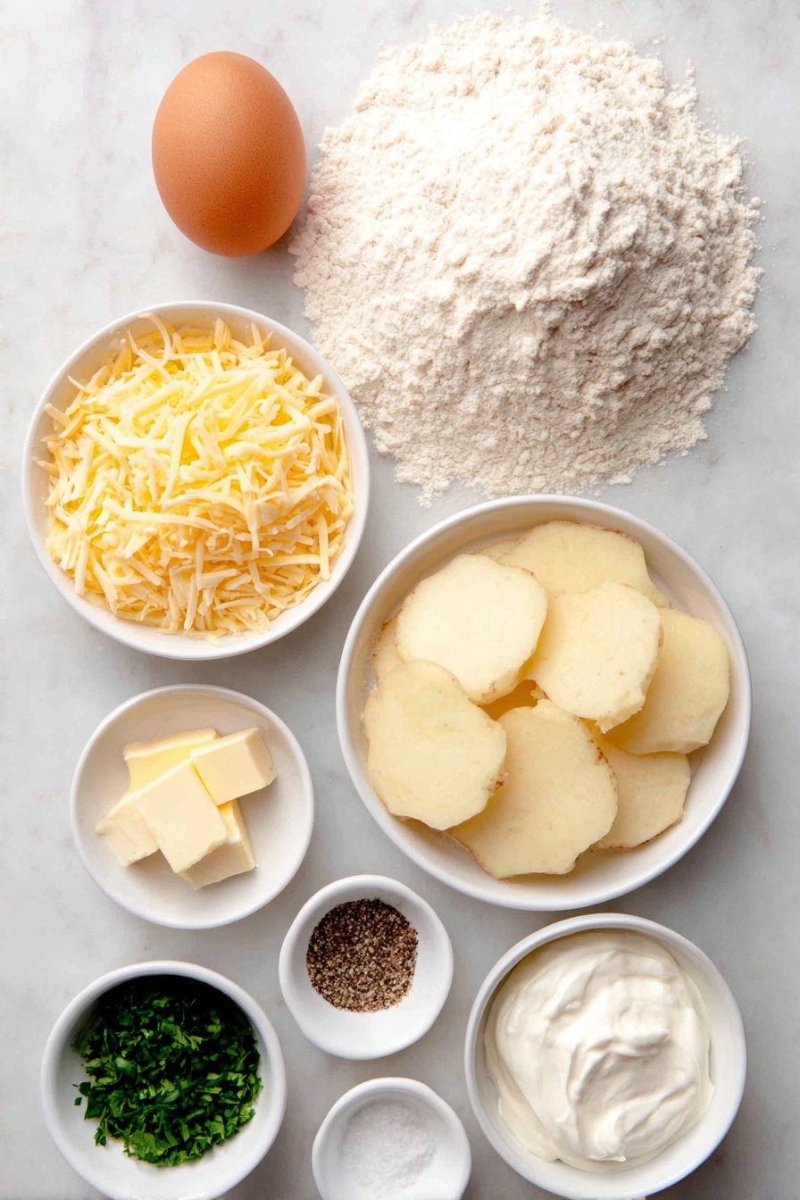 Flat lay of a small mound of plain all-purpose flour, a small white bowl filled with kosher salt, a few small cubes of unsalted butter, a small white bowl of clear water, one large whole brown egg with a clean shell, two peeled medium potatoes sliced into half-inch thick rounds, a small white bowl of shredded cheddar cheese, a small white bowl of ground black pepper, one medium yellow onion finely diced, a small white bowl of sour cream, and a few finely chopped sprigs of fresh parsley, all arranged symmetrically and balanced, placed on a clean white marble surface, soft natural light, photo taken with an iPhone, professional food photography style, fresh ingredients, white ceramic bowls, no bottles, no duplicates, no utensils, no packaging --ar 2:3 --v 7 --p m7354615311229779997 - Cheesy Polish Pierogi Ruskie, Polish Pierogi Ruskie, Pierogi Ruskie with Cheese, Homemade Polish Pierogi, Traditional Pierogi Ruskie