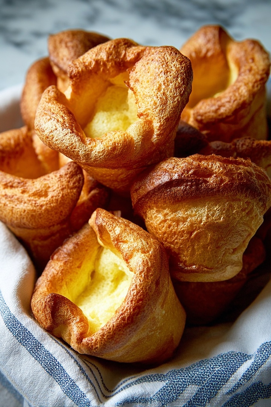 A close-up view of a stack of golden brown popovers with a slightly crispy and puffed texture, arranged on a white cloth with blue stripes. The popovers have hollow centers visible in some pieces, showing a light, airy inside with a pale yellow color. The popovers are piled closely together, creating a sense of depth and highlighting their uneven, rustic shapes and crispy edges. The background features a white marbled texture, softening the warm tones of the popovers. Photo taken with an iphone --ar 2:3 --v 7 - Fluffy Popovers with Lofty Rise, airy popovers, homemade popovers, easy popover recipe, breakfast puff bread