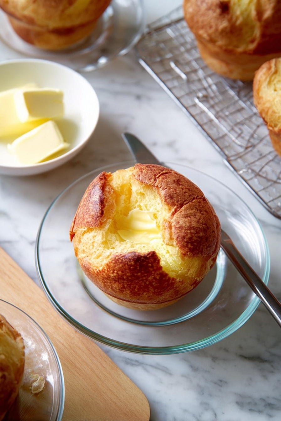 The image shows a single round pastry with a golden brown crust and a slightly cracked top, revealing a soft pale yellow interior. The pastry sits in the middle of a clear glass plate on a white marbled surface. Nearby, there is a small white bowl containing a block of soft yellow butter, with a knife resting on top. Around the main pastry, parts of other similar pastries on glass plates and a cooling rack are visible. Photo taken with an iphone --ar 2:3 --v 7 - Fluffy Popovers with Lofty Rise, airy popovers, homemade popovers, easy popover recipe, breakfast puff bread