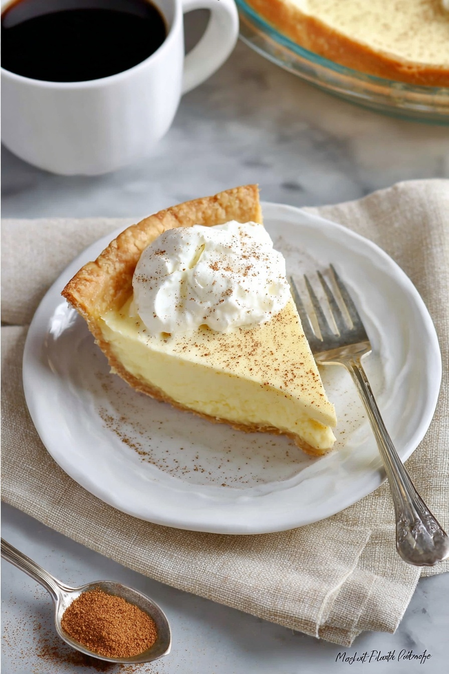 A slice of cream pie is shown on a white plate with a light dusting of brown spice over the top. The pie has two layers: a golden-brown crust at the bottom with a smooth, pale yellow creamy layer above it, topped with a dollop of white whipped cream. A silver fork rests on the plate beside the pie slice. The plate is on a light beige cloth with a metal spoon containing brown spice near the bottom left. In the background, part of a glass pie dish with more pie and a white cup of black coffee sit on a white marbled surface. photo taken with an iphone --ar 2:3 --v 7 - Eggnog Pie, Eggnog Pie with Whipped Topping, No-Bake Holiday Dessert, Festive Christmas Pie, Creamy Eggnog Pie