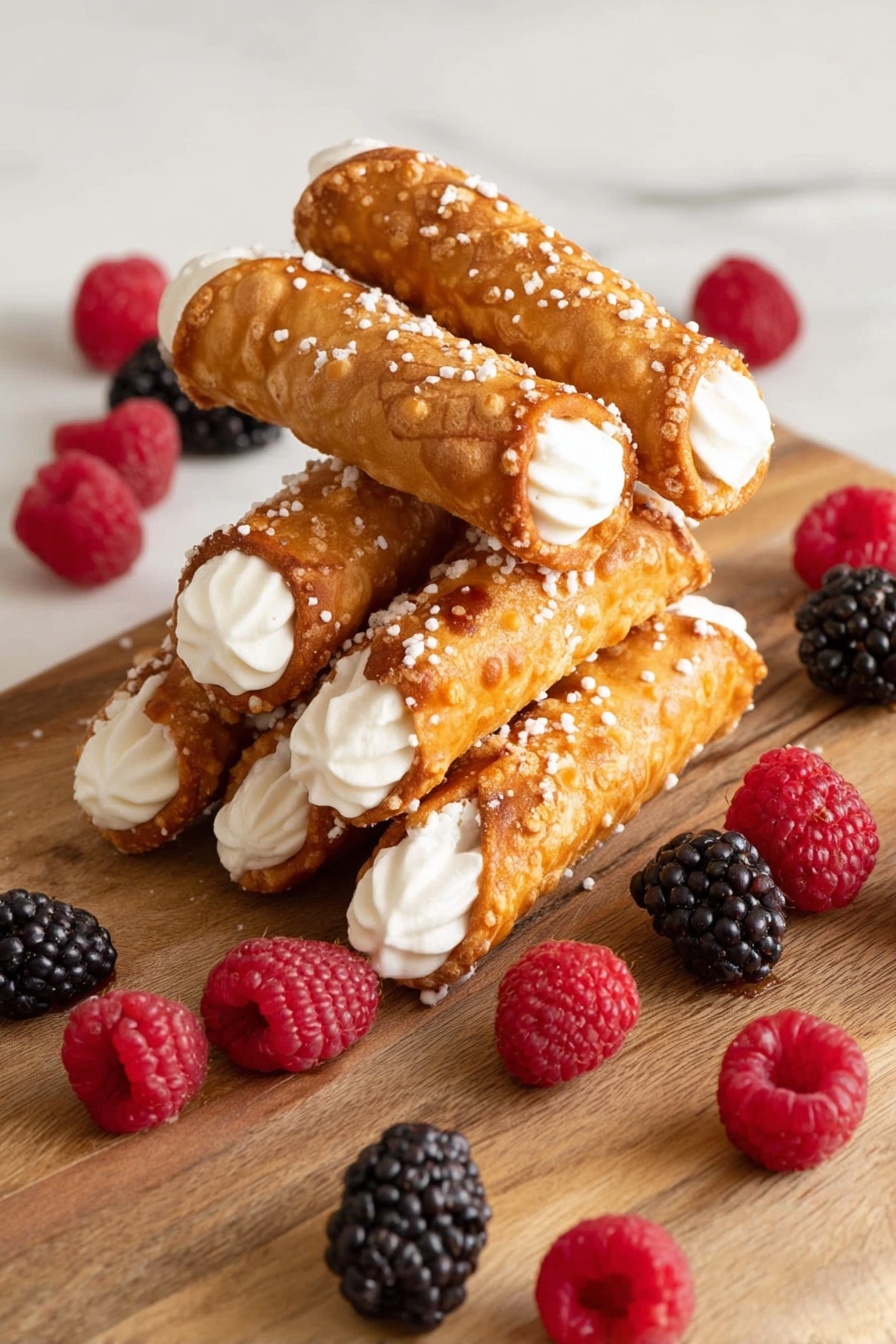 The image shows a pile of seven golden crispy cannoli tubes with white cream filling visible at both ends, stacked in a casual heap on a wooden board. The cannoli shells have a shiny, slightly textured surface with scattered white sugar crystals. Around the cannoli on the board and white marbled surface are fresh red raspberries and black blackberries, adding contrast and color to the scene. The background is white marbled, bright, and clean. photo taken with an iphone --ar 2:3 --v 7 - British Brandy Snap Cookies, Brandy Snap Cookies recipe, British dessert recipes, elegant holiday treats, easy homemade cookies