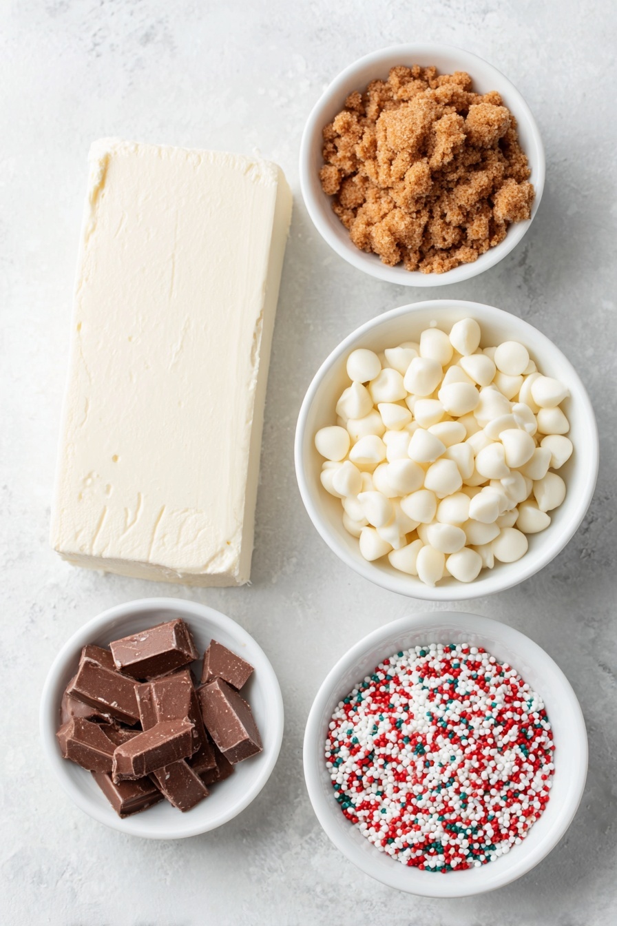 Flat lay of a small pile of crushed gingersnap cookies showing their golden-brown crumbly texture, a smooth block of fresh cream cheese, a small white ceramic bowl filled with glossy white chocolate chips, and a small white ceramic bowl heaped with colorful festive sprinkles, all arranged symmetrically and naturally, placed on a clean white marble surface, soft natural light, photo taken with an iPhone, professional food photography style, fresh ingredients, white ceramic bowls, no bottles, no duplicates, no utensils, no packaging --ar 2:3 --v 7 --p m7354615311229779997 - Gingerbread Truffles with White Chocolate, festive gingerbread truffles, holiday white chocolate treats, easy Christmas candy ideas, seasonal gingerbread desserts