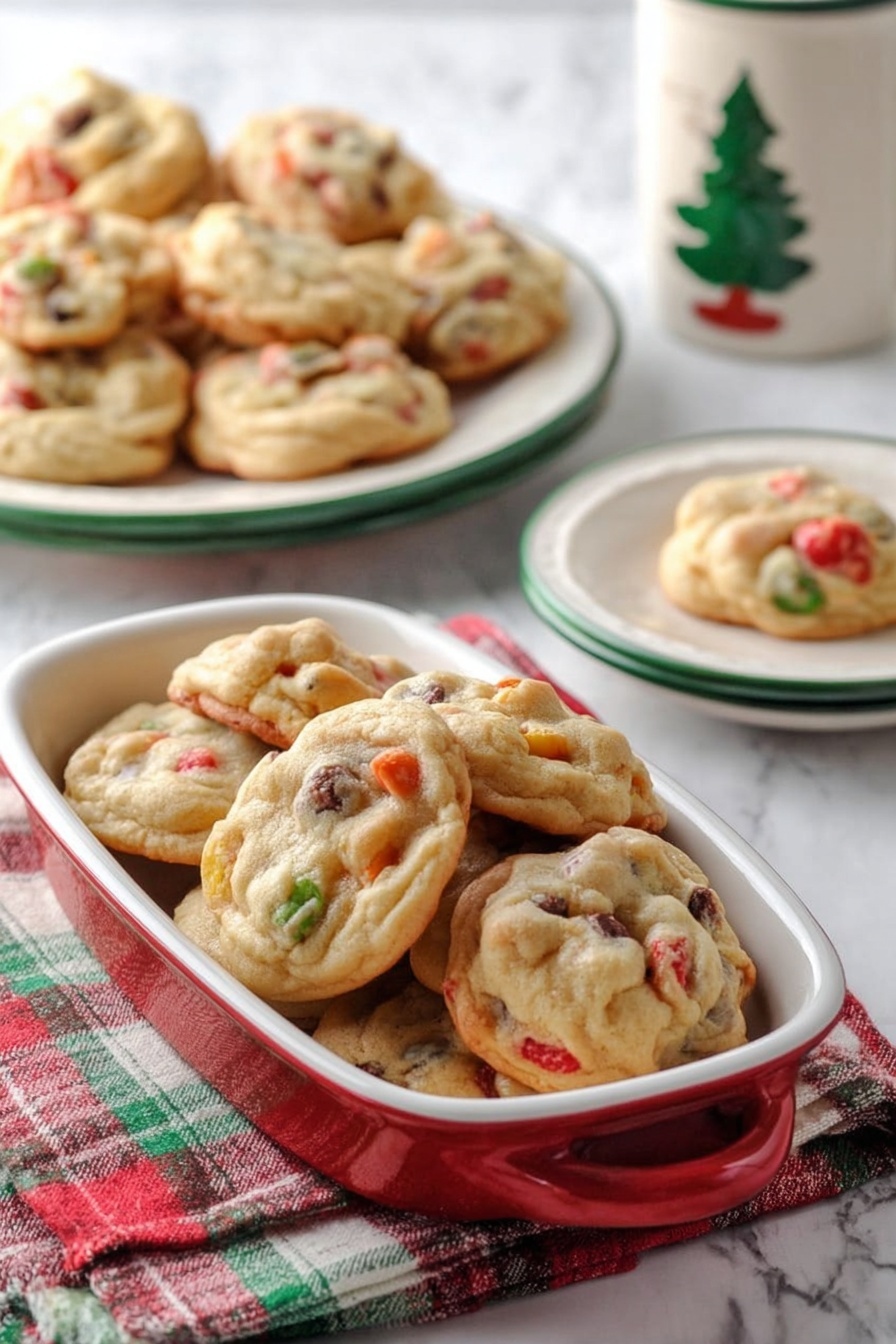 A white oval dish with a red inside holds many round, thick cookies stacked closely together, each cookie showing colors from red, green, brown, and tan pieces mixed inside a soft-looking, golden dough. Behind it, a white plate with a green rim has a few similar cookies placed on it, with a red, green, and white checkered cloth nearby. In the background, there is another white plate with green trim filled with more cookies, and a white mug with a green rim and a small tree design stands next to it, all placed on a white marbled surface. photo taken with an iphone --ar 2:3 --v 7 - Fruitcake Cookies with Dried Fruit and Nuts, festive fruitcake cookies, easy fruitcake cookies, chewy fruitcake cookies, holiday cookie recipes