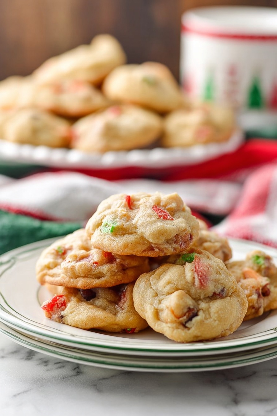 A small pile of soft cookies with light golden brown color and visible red and green bits inside sit on a white plate with a thin green rim, placed on a white marbled surface. The cookies have a slightly uneven, bumpy texture, showing their homemade look with some pieces sticking out. In the blurry background, there is another white plate with many more similar cookies, as well as some red and white kitchen towels and a cup with a Christmas tree design. Photo taken with an iphone --ar 2:3 --v 7 - Fruitcake Cookies with Dried Fruit and Nuts, festive fruitcake cookies, easy fruitcake cookies, chewy fruitcake cookies, holiday cookie recipes