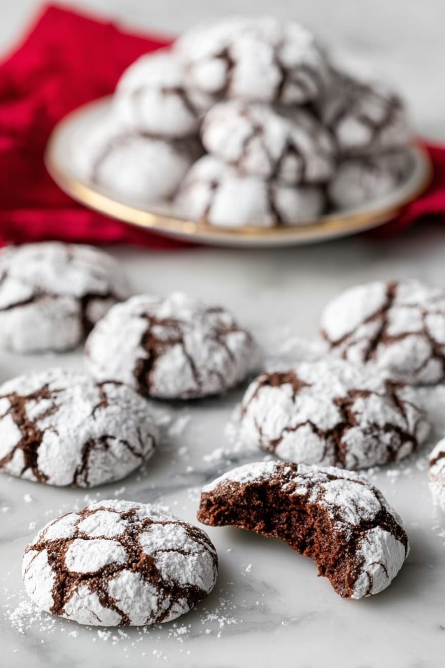 The image shows many round chocolate cookies covered in white powdered sugar, spread out on a white marbled surface. Each cookie has cracks where the dark brown chocolate dough is visible under the powdered sugar layer. One cookie in the front has a bite taken out, showing a soft, dark brown inside with a moist texture. In the background, more cookies are stacked on a white plate with a thin gold rim, resting on a red cloth. photo taken with an iphone --ar 2:3 --v 7 - Fudgy Chocolate Crackle Cookies, chocolate crackle cookies, fudgy chocolate cookies, chewy chocolate cookies, chocolate cookie recipes