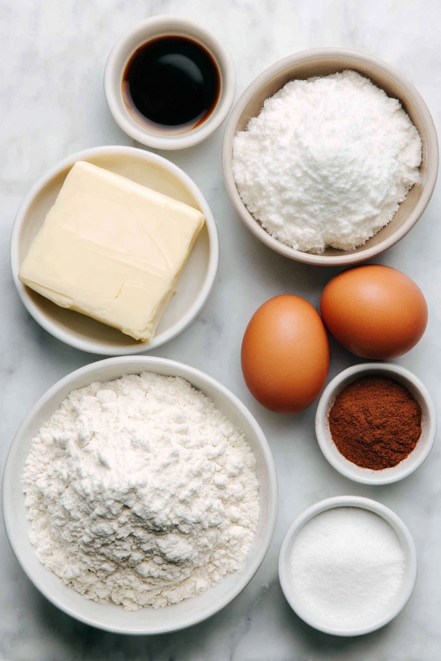 Flat lay of a soft block of unsalted butter, a small heap of white granulated sugar, two large brown eggs with clean shells, a small white bowl of clear vanilla extract, a simple white ceramic bowl filled with white all-purpose flour, a small white bowl holding cream of tartar powder, another small white bowl with baking soda powder, a small white bowl of fine salt, a small white bowl containing a mixture of sugar and ground cinnamon, all arranged with perfect symmetry, placed on a clean white marble surface, soft natural light, photo taken with an iPhone, professional food photography style, fresh ingredients, white ceramic bowls, no bottles, no duplicates, no utensils, no packaging --ar 2:3 --v 7 --p m7354615311229779997 - Chewy Snickerdoodle Cookies, Snickerdoodle Cookies recipe, cinnamon sugar cookies, soft chewy cookies, easy cookie recipes