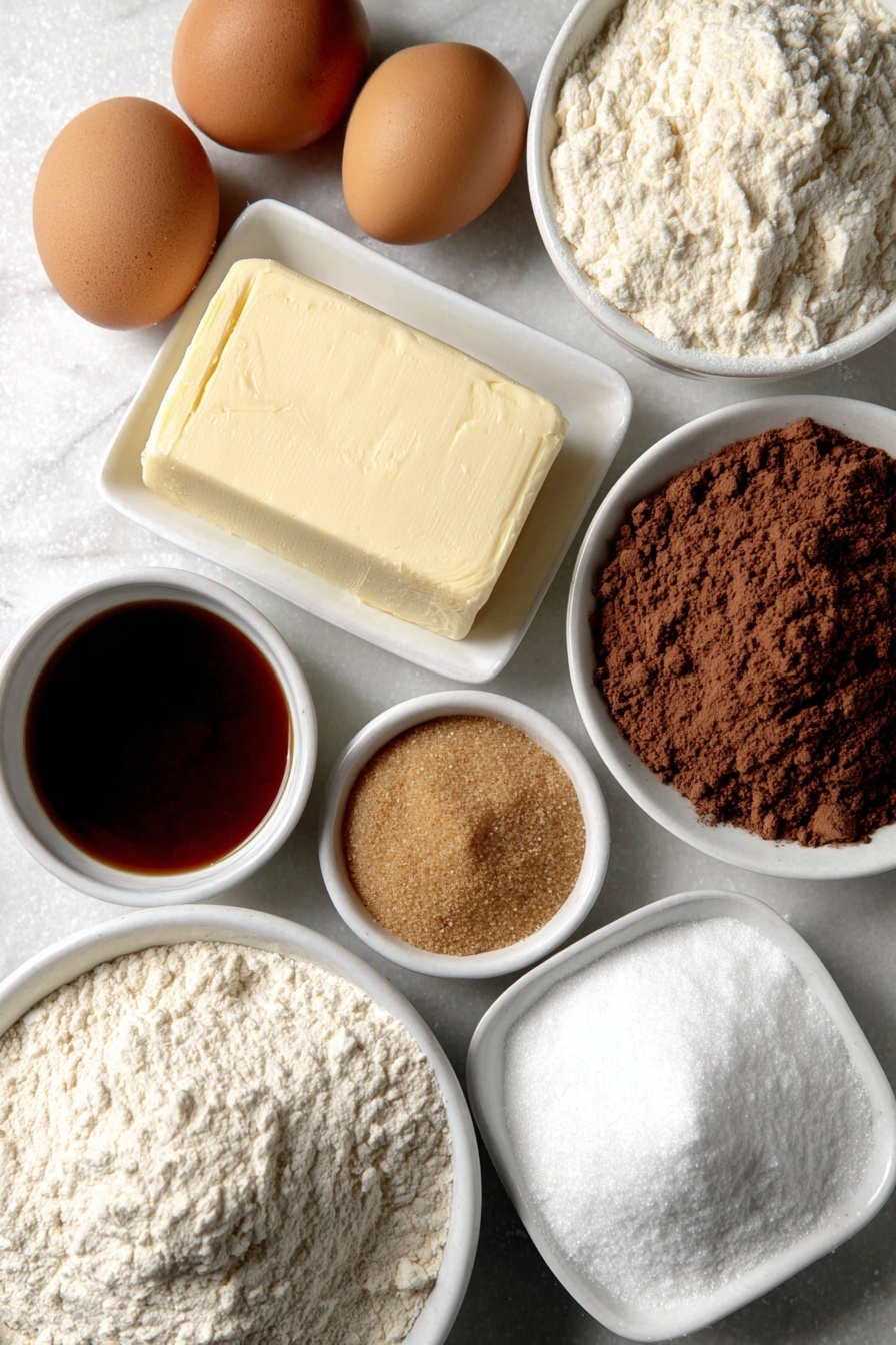Flat lay of unsalted butter in a small square slab, a small white ceramic bowl of granulated sugar, a small white ceramic bowl of firmly packed light brown sugar, a small white ceramic bowl holding ground cinnamon powder, two whole uncracked brown eggs, a small white ceramic bowl with vanilla extract, a small white ceramic bowl filled with all purpose flour, a small white ceramic bowl of almond flour, a small white ceramic bowl containing cornstarch, a small white ceramic bowl of salt, a small white ceramic bowl with vibrant raspberry jam, a small white ceramic bowl filled with powdered sugar, all arranged symmetrically and balanced, placed on a clean white marble surface, soft natural light, photo taken with an iPhone, professional food photography style, fresh ingredients, white ceramic bowls, no bottles, no duplicates, no utensils, no packaging --ar 2:3 --v 7 --p m7354615311229779997 - Chocolate Chip Banana Bread, banana bread with chocolate chips, moist banana bread recipe, easy chocolate chip banana bread, homemade banana bread with chocolate