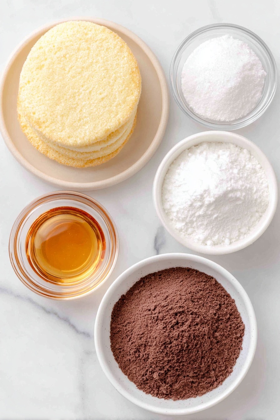 Flat lay of a small pile of whole vanilla wafers with a smooth golden color, a small heap of fine white confectioners’ sugar on a simple white ceramic plate, a small white ceramic bowl filled with rich dark brown cocoa powder, a small white ceramic bowl containing glossy translucent white corn syrup, and a small white ceramic bowl with clear amber rum, all arranged in perfect symmetry with balanced spacing, placed on a clean white marble surface, soft natural light, photo taken with an iPhone, professional food photography style, fresh ingredients, white ceramic bowls, no bottles, no duplicates, no utensils, no packaging --ar 2:3 --v 7 --p m7354615311229779997 - Festive Rum Balls, holiday rum balls, no-bake holiday treats, boozy Christmas desserts, quick Christmas snacks