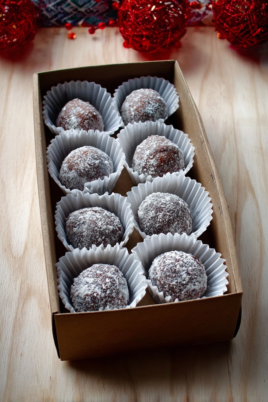 A small open box with nine round chocolate truffles inside, each set in white pleated paper cups. The truffles have a rough texture and are dusted lightly with white powder, showing a mix of dark brown and grayish tones. The box is placed on a light wood surface with some red decorations nearby. The overall look is neat and simple, focusing on the truffles' texture and arrangement. photo taken with an iphone --ar 2:3 --v 7 - Festive Rum Balls, holiday rum balls, no-bake holiday treats, boozy Christmas desserts, quick Christmas snacks