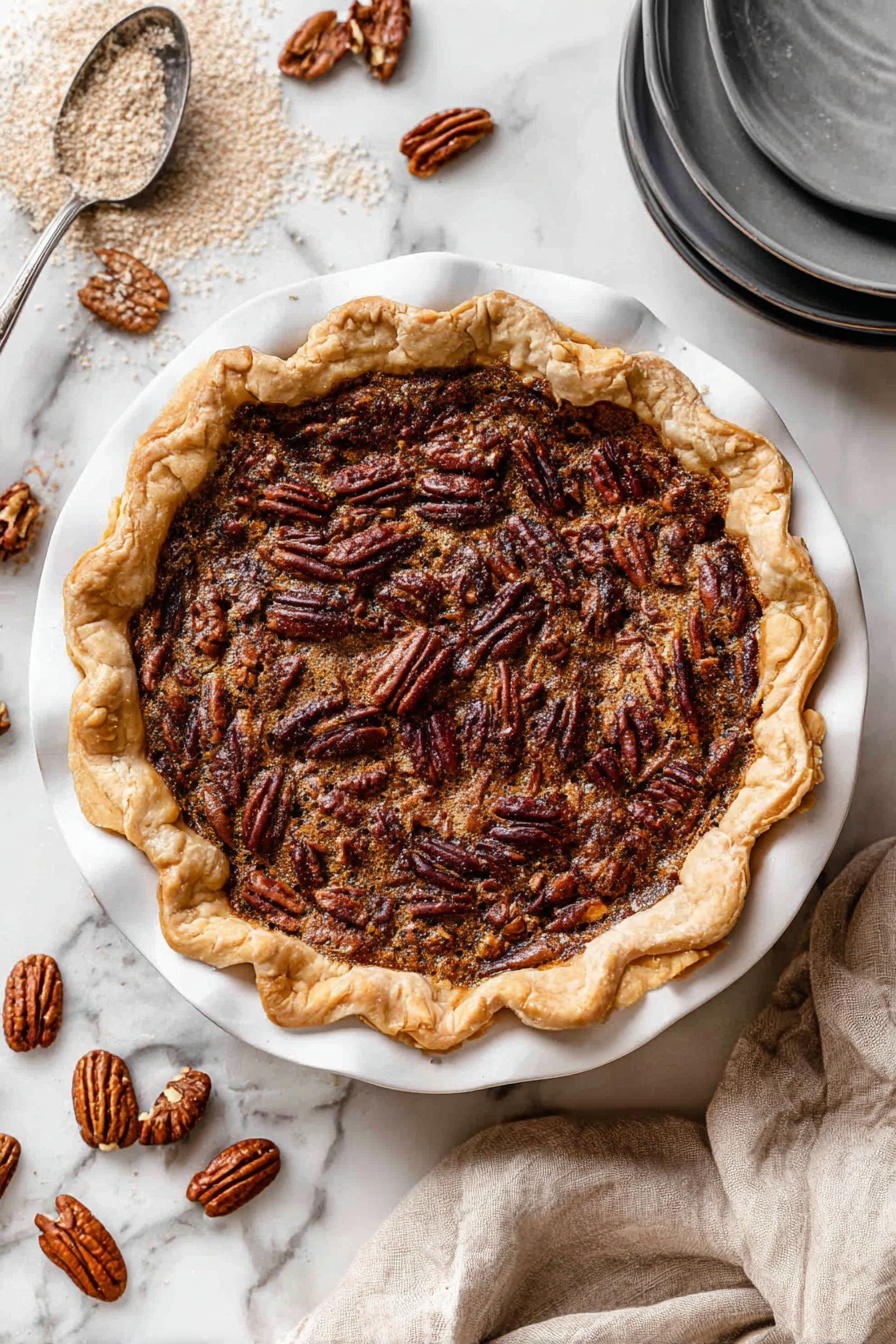 The image shows a pecan pie in a white fluted pie dish placed on a white marbled surface. The pie has a golden-brown crust with ruffled edges forming a thick, uneven border. The filling is dark brown with a slightly shiny texture, densely packed with whole pecan halves that are toasted and glossy, scattered evenly on top. Around the pie, there are loose pecans and a spoon with some light brown sugar spilling out, plus a beige cloth partly folded nearby. In the top right corner, two stacked dark gray plates sit on the white marbled surface. photo taken with an iphone --ar 2:3 --v 7 - Classic Pecan Pie with Buttery Crust, pecan pie dessert, homemade pecan pie, easy pecan pie recipe, holiday pecan pie
