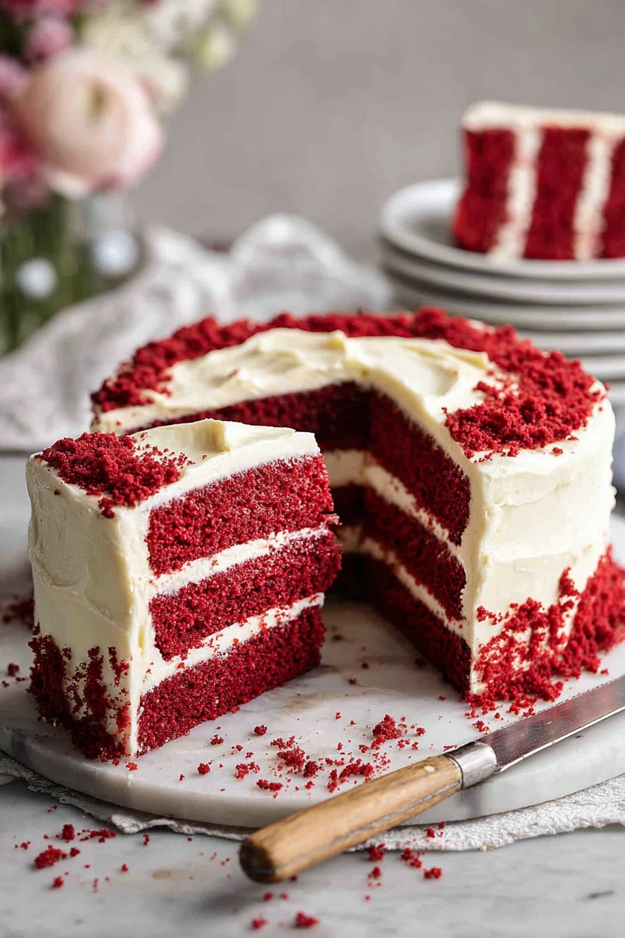 The image shows a two-layer red velvet cake with bright red, soft, and moist cake layers separated by a thick, smooth, white cream cheese frosting layer. The whole cake is covered evenly with the creamy white frosting, with red cake crumbs sprinkled at the base and top edge for decoration. One slice with clear sharp edges is being lifted, showing the rich texture inside. The cake sits on a white marbled surface with some crumbs scattered around, and a knife with a wooden handle lies nearby. In the soft blurred background, there are white plates stacked with slices of cake and some blurred flowers. photo taken with an iphone --ar 2:3 --v 7 - Red Velvet Cake, Red Velvet Cake Recipe, moist red velvet cake, homemade red velvet cake, best red velvet cake