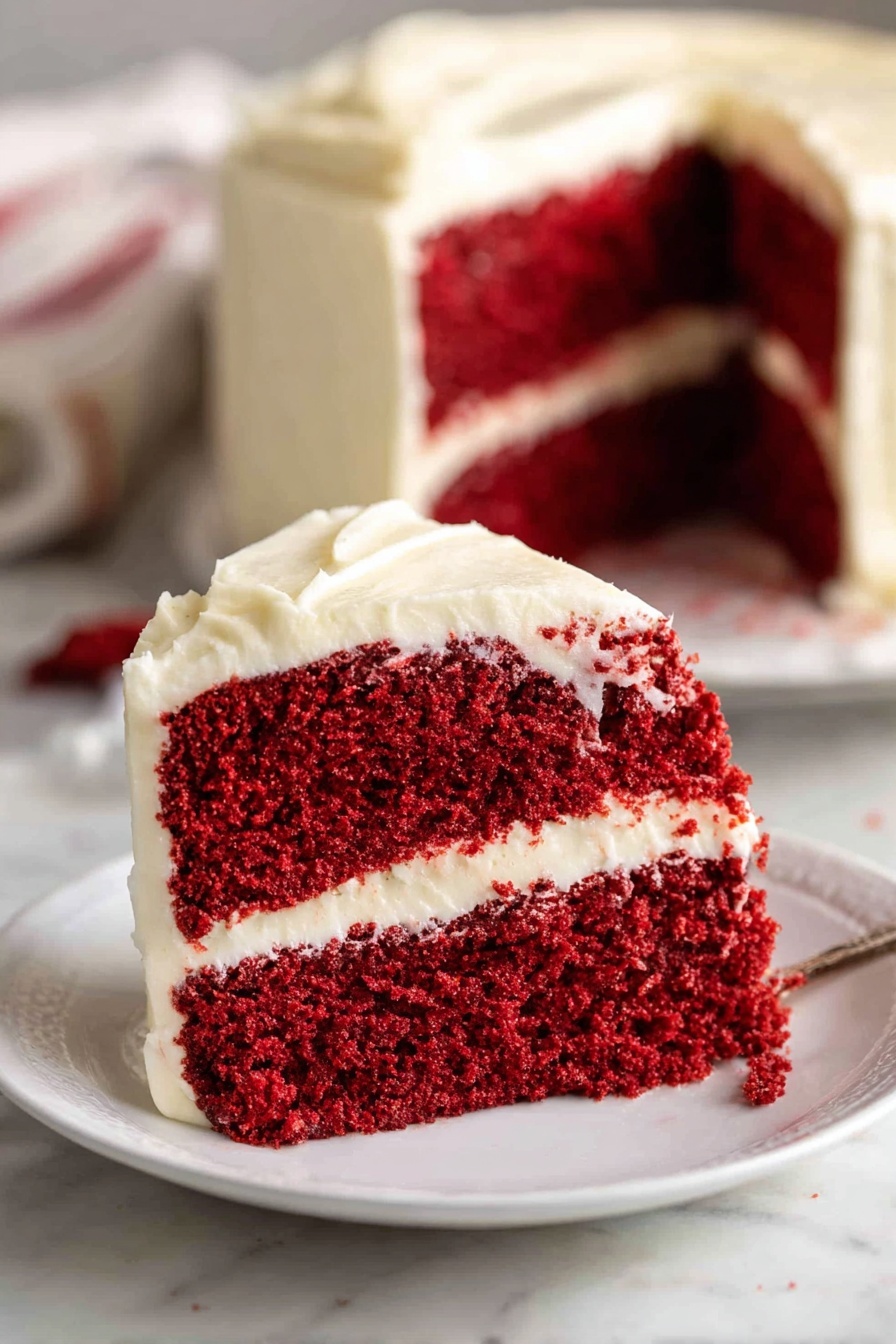 A close-up of a slice of red velvet cake on a white plate with two thick layers of deep red cake separated by a smooth, thick layer of white cream cheese frosting. The cake slice is topped and coated on the sides with more creamy white frosting. In the background, the remaining whole cake is visible with matching layers and the same white frosting. The setting includes a white marbled surface with soft lighting highlighting the rich color contrast between the red cake and white frosting. Photo taken with an iphone --ar 2:3 --v 7 - Red Velvet Cake, Red Velvet Cake Recipe, moist red velvet cake, homemade red velvet cake, best red velvet cake