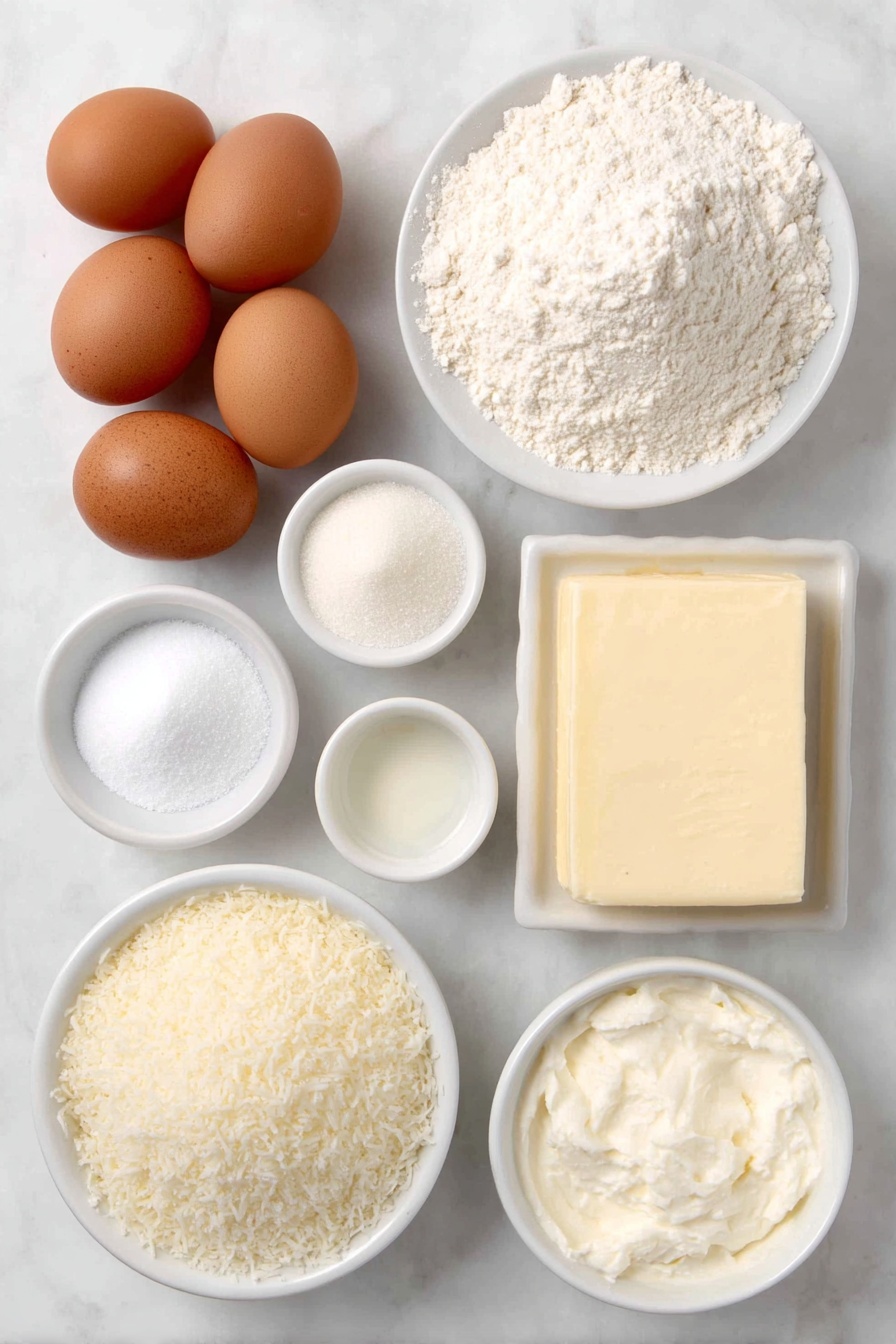 Flat lay of a small mound of fine white cake flour, two teaspoons of pale baking powder powder gently heaped, a tiny mound of off-white baking soda, a small heap of fine salt crystals, a thick rectangle of unsalted butter softened and smooth, a small pile of sparkling granulated sugar, five large whole uncracked brown eggs, a small white ceramic bowl filled with creamy sour cream, a small white bowl holding clear vanilla extract, a small white bowl with translucent coconut extract, a small white bowl filled with rich white coconut milk, a small heap of sweetened shredded coconut flakes, a block of full-fat cream cheese with a smooth surface, a small white bowl of fine confectioners’ sugar, all ingredients fresh and natural without packaging, arranged with perfect symmetry on a clean white marble surface, soft natural light, photo taken with an iPhone, professional food photography style, fresh ingredients, white ceramic bowls, no bottles, no duplicates, no utensils, no packaging --ar 2:3 --v 7 --p m7354615311229779997 - Ultimate Coconut Cake, coconut cake recipe, moist coconut cake, tropical dessert, fluffy coconut cake