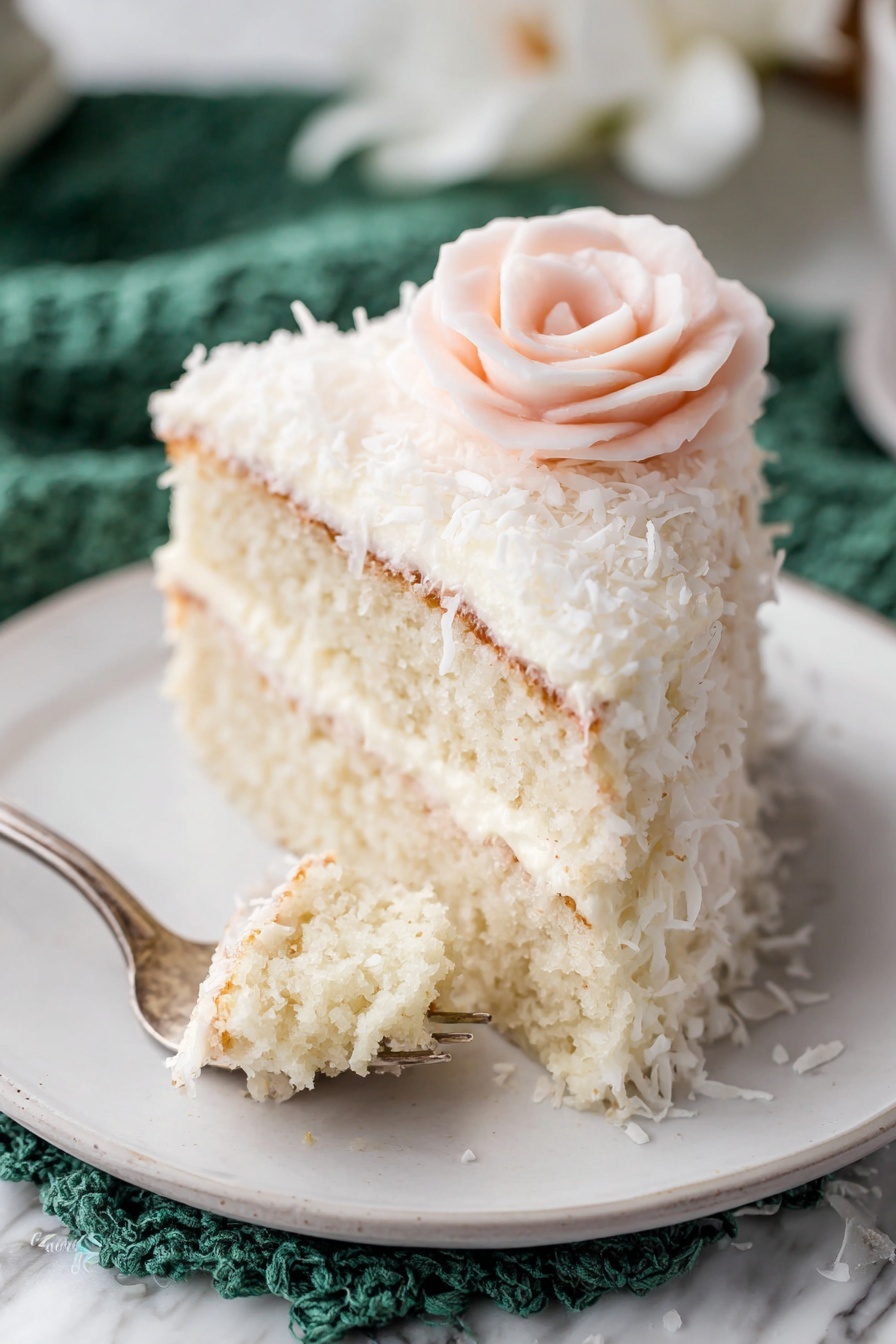 A slice of three-layer pale yellow cake is on a white plate with a white marbled texture beneath. Each cake layer is soft and moist, separated by two thick layers of white creamy frosting. The outside of the cake is fully covered with thick white frosting that has a slightly rough texture from small coconut flakes. On top, there is a light pink frosting flower that adds a delicate touch to the slice. A small piece of cake with frosting is on a fork near the plate’s edge. The background is softly blurred with a brown wooden tone and some teal fabric visible. Photo taken with an iphone --ar 2:3 --v 7 - Ultimate Coconut Cake, coconut cake recipe, moist coconut cake, tropical dessert, fluffy coconut cake