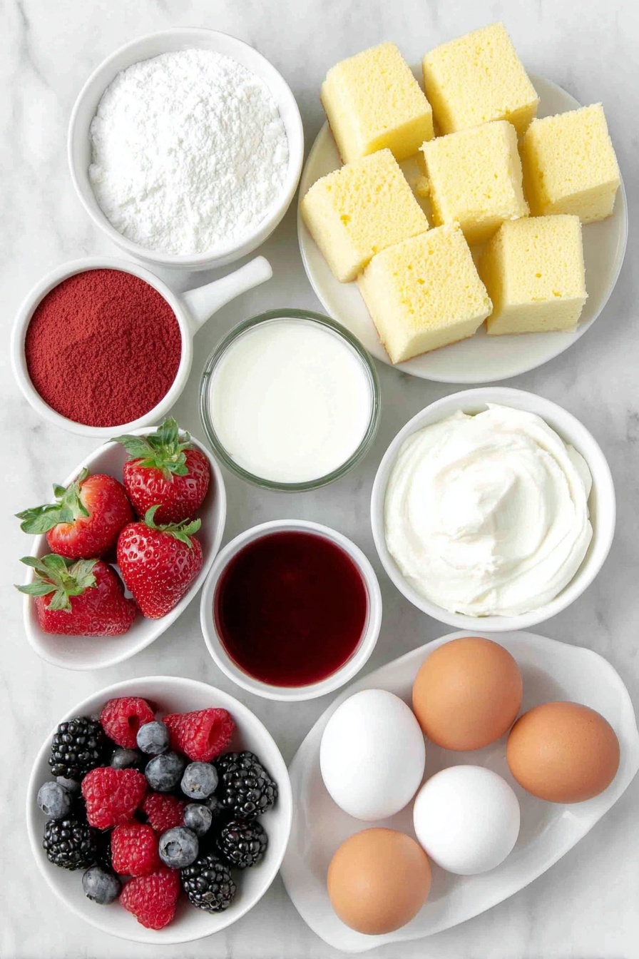 Flat lay of a simple white ceramic plate with irregular cubes of golden Madeira cake, a small white bowl of bright red gelatine powder, a small white bowl filled with glossy deep red cranberry juice, a small white bowl containing a pale golden orange fruit liquor, fresh halved strawberries with vibrant red flesh and green leaves, a small cluster of plump blueberries and raspberries, a small white bowl holding thick, creamy white heavy cream, a small white bowl of fine white caster sugar, whole smooth brown eggs with clean shells arranged neatly, a small white bowl of pale yellow cornflour, a small white bowl with fresh white milk, and a small white bowl with viscous creamy vanilla bean paste placed on a clean white marble surface, soft natural light, photo taken with an iPhone, professional food photography style, fresh ingredients, white ceramic bowls, no bottles, no duplicates, no utensils, no packaging --ar 2:3 --v 7 --p m7354615311229779997 - Christmas Fruit Trifle Berry Jelly, Christmas Fruit Trifle, Holiday Trifle Dessert, Festive Fruit Trifle, Berry Jelly Christmas Dessert