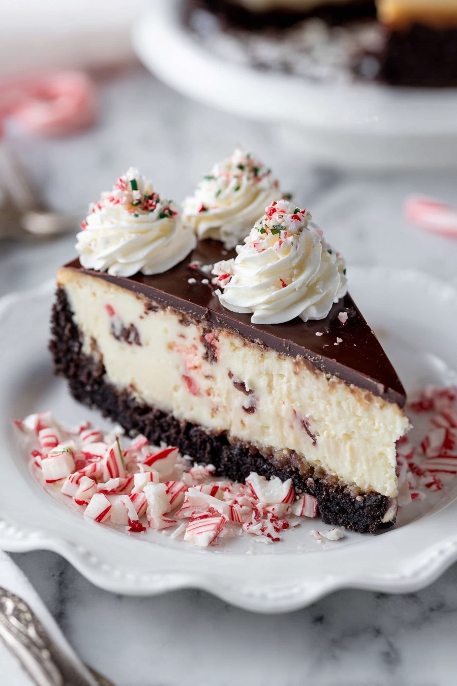 A slice of creamy cheesecake sits on a white plate with scalloped edges, showing three layers: a dark crumbly chocolate crust at the bottom, a thick creamy white filling with small red and dark specks in the middle, and a smooth shiny dark chocolate layer on top. On top of the chocolate layer, there are three swirls of white whipped cream sprinkled with tiny red and dark flakes. Around the plate, crushed pieces of red and white candy cane add extra color. The background is a white marbled surface, and a woman's hand is partially visible holding a fork near the bottom left corner. photo taken with an iphone --ar 2:3 --v 7 - Peppermint Bark Cheesecake, peppermint bark cheesecake, holiday peppermint cheesecake, mint chocolate cheesecake, festive cheesecake ideas