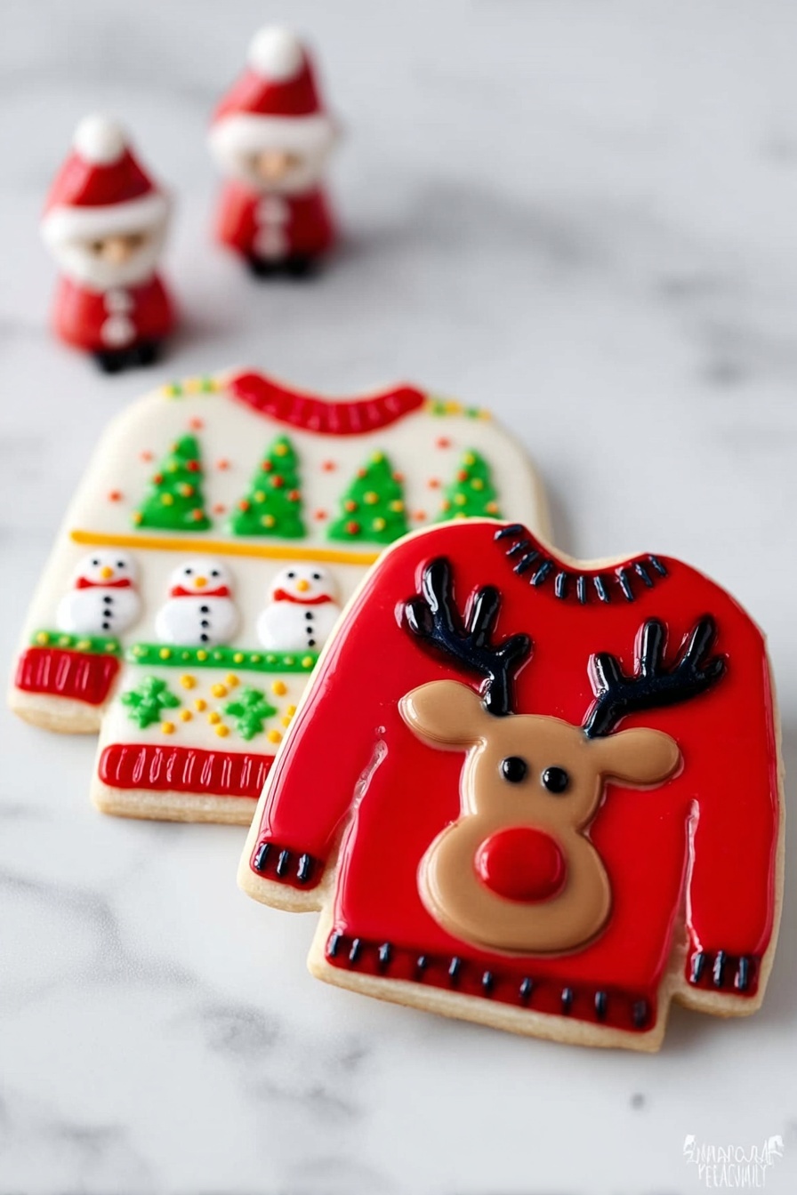 The image shows two decorated sweater-shaped cookies placed side by side on a white marbled surface. The cookie in the foreground is a bright red sweater with a reindeer's face in the center, featuring brown, black, and red icing for the antlers, eyes, ears, nose, and mouth. Behind it, the second cookie is a white sweater decorated with a festive pattern of green Christmas trees, red and yellow bands, and small snowmen in white icing with black and orange details. In the background, slightly out of focus, there are small Santa Claus figurines adding a festive touch. photo taken with an iphone --ar 2:3 --v 7 - Ugly Christmas Sweater Cookies, Christmas cookie decorating ideas, holiday baking recipes, festive cookie templates, colorful holiday cookies