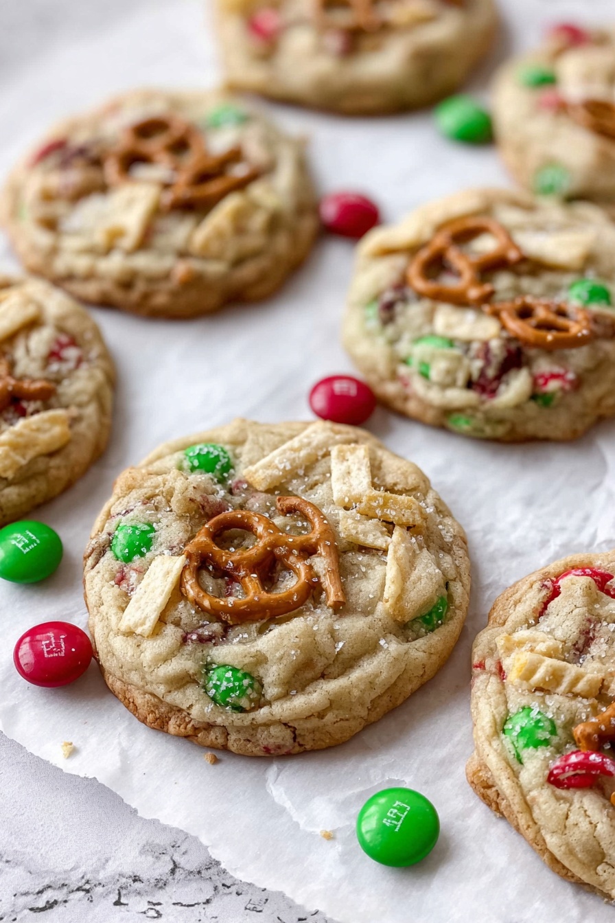 The image shows seven thick cookies laid on white parchment paper over a white marbled surface. Each cookie is light brown and chunky with three main visible layers: the soft dough base, scattered red and green candy pieces embedded inside, and crunchy pretzel pieces along with ridged potato chip bits placed on top. Some loose red and green candies surround the cookies. The texture of the cookies appears soft and a little crumbly with the pretzels and chips adding a crisp contrast. Photo taken with an iphone --ar 2:3 --v 7 - Santa's Trash Cookie, trash cookies recipe, holiday cookie recipes, sweet salty cookie ideas, fun festive cookies