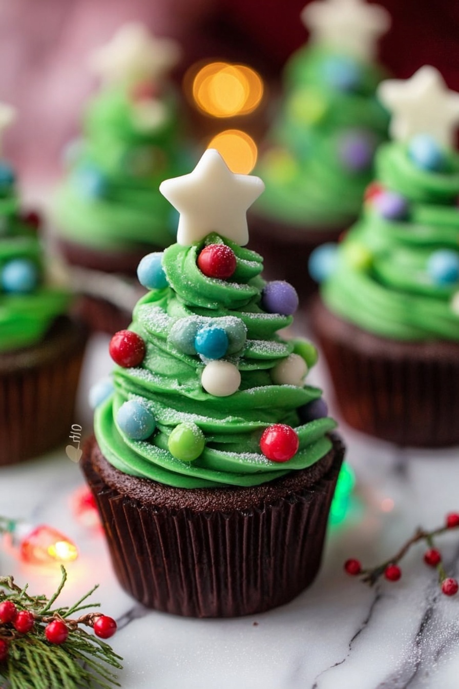 A chocolate cupcake in a dark brown wrapper sits on a white marbled surface, topped with three thick, wavy layers of bright green frosting shaped like a Christmas tree. The frosting is decorated with small, round candy balls in red, blue, green, white, and purple colors, spaced evenly around the layers. A dusting of powdered sugar mimics snow on the green frosting. At the very top is a large, smooth white star-shaped candy standing upright. Around the cupcake are scattered small colorful candy balls and festive garden greenery with red berries. In the background, several similar cupcakes are blurred out. Small colorful lights add a glowing effect near the base of the cupcake. Photo taken with an iphone --ar 2:3 --v 7 - Christmas Tree Cupcakes with Chocolate and Vanilla Frosting, festive holiday cupcakes, Christmas cupcake ideas, cute holiday treats, chocolate and vanilla cupcakes